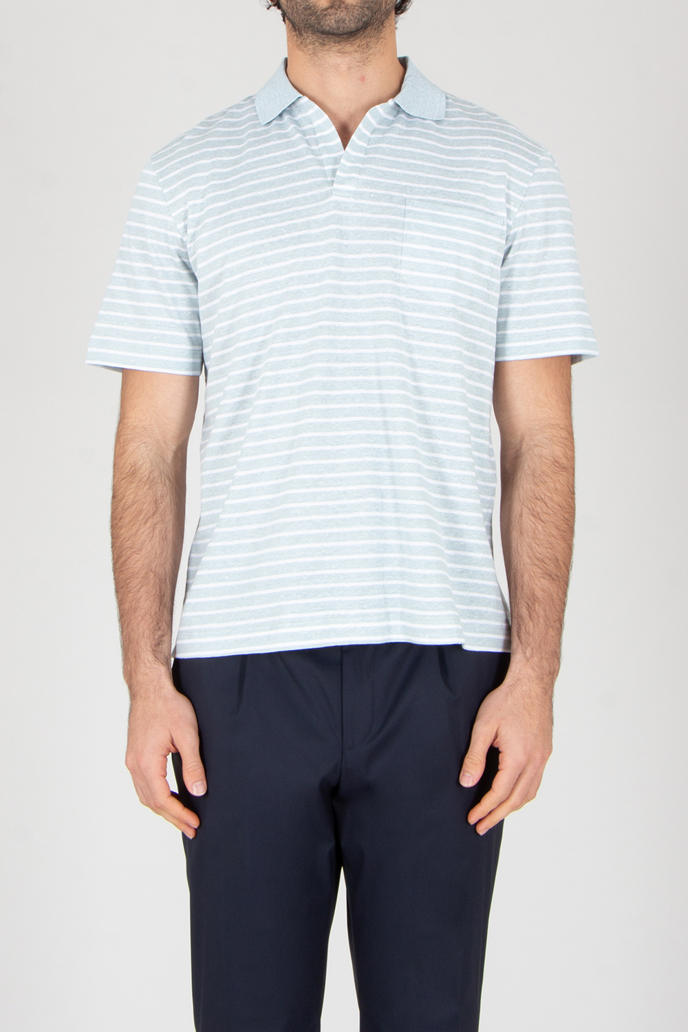 SEASE Regular Fit Striped Linen-Cotton Jersey Polo Shirt