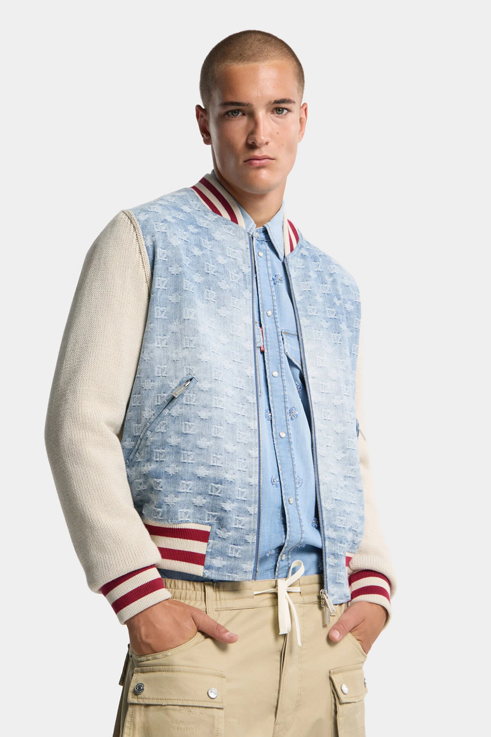 DSQUARED2 Regular Fit Knit Cotton & Monogrammed Denim Bomber Jacket