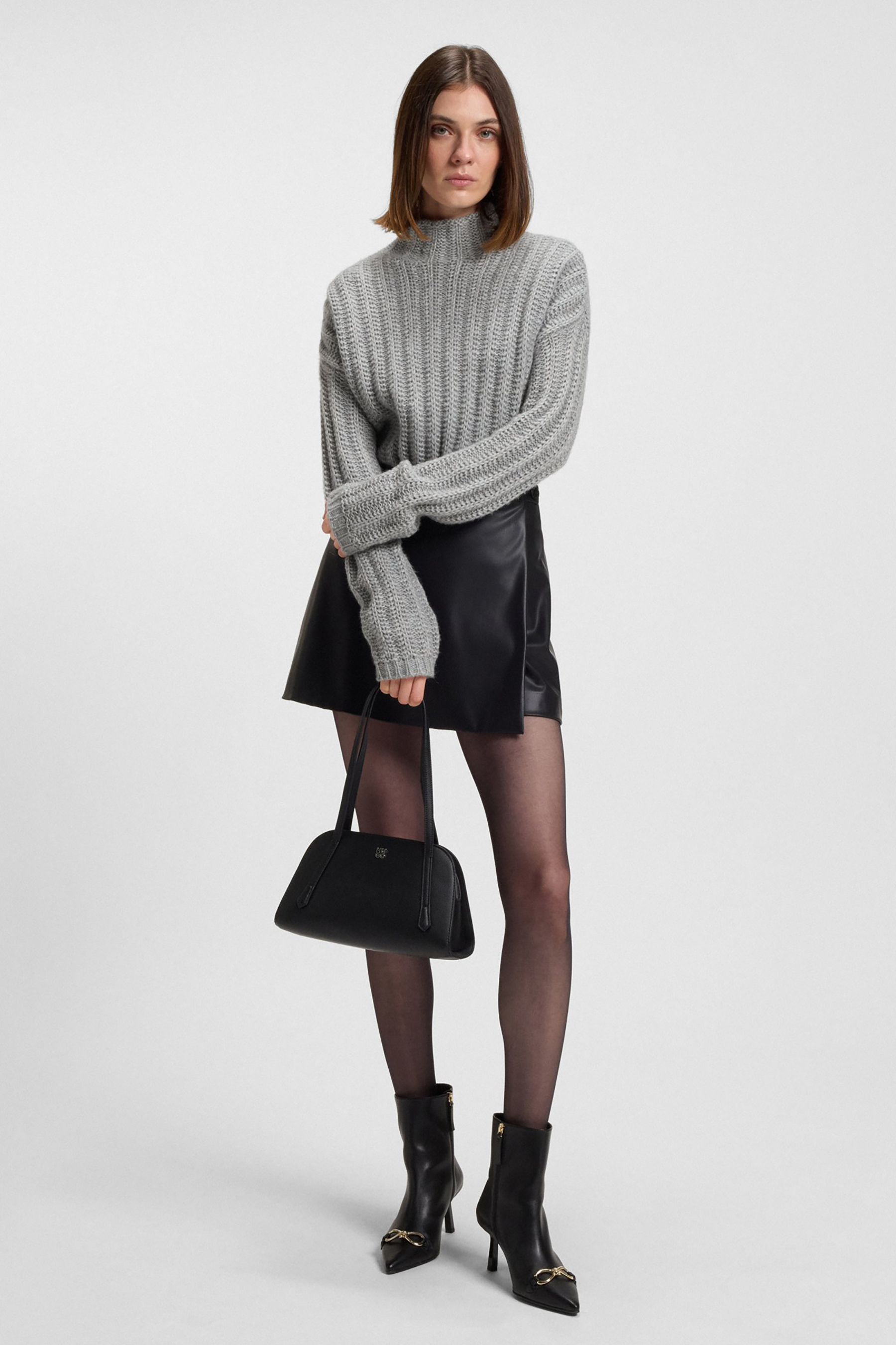 HUGO Relaxed Fit Ribbed Cotton-Wool-Alpaca Blend Mock Neck Sweater Safineyny Strickwaren, Pullover, Tasche, Handtasche, Rock