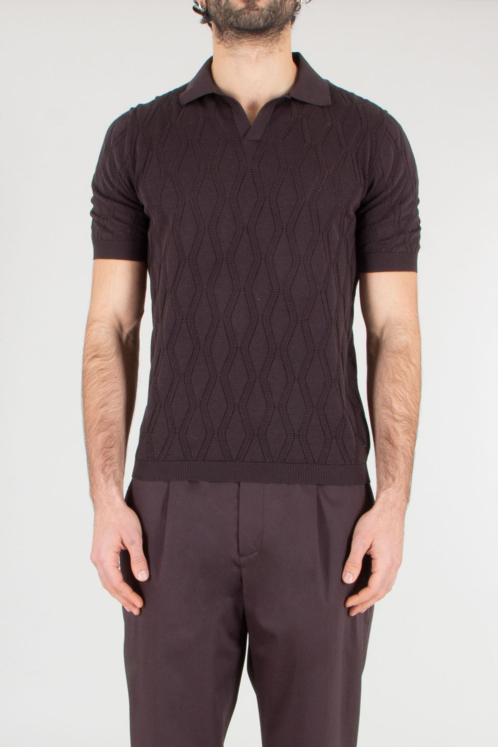 AGNONA Regular Fit Lace Pattern Cotton-Silk Blend Knit Polo