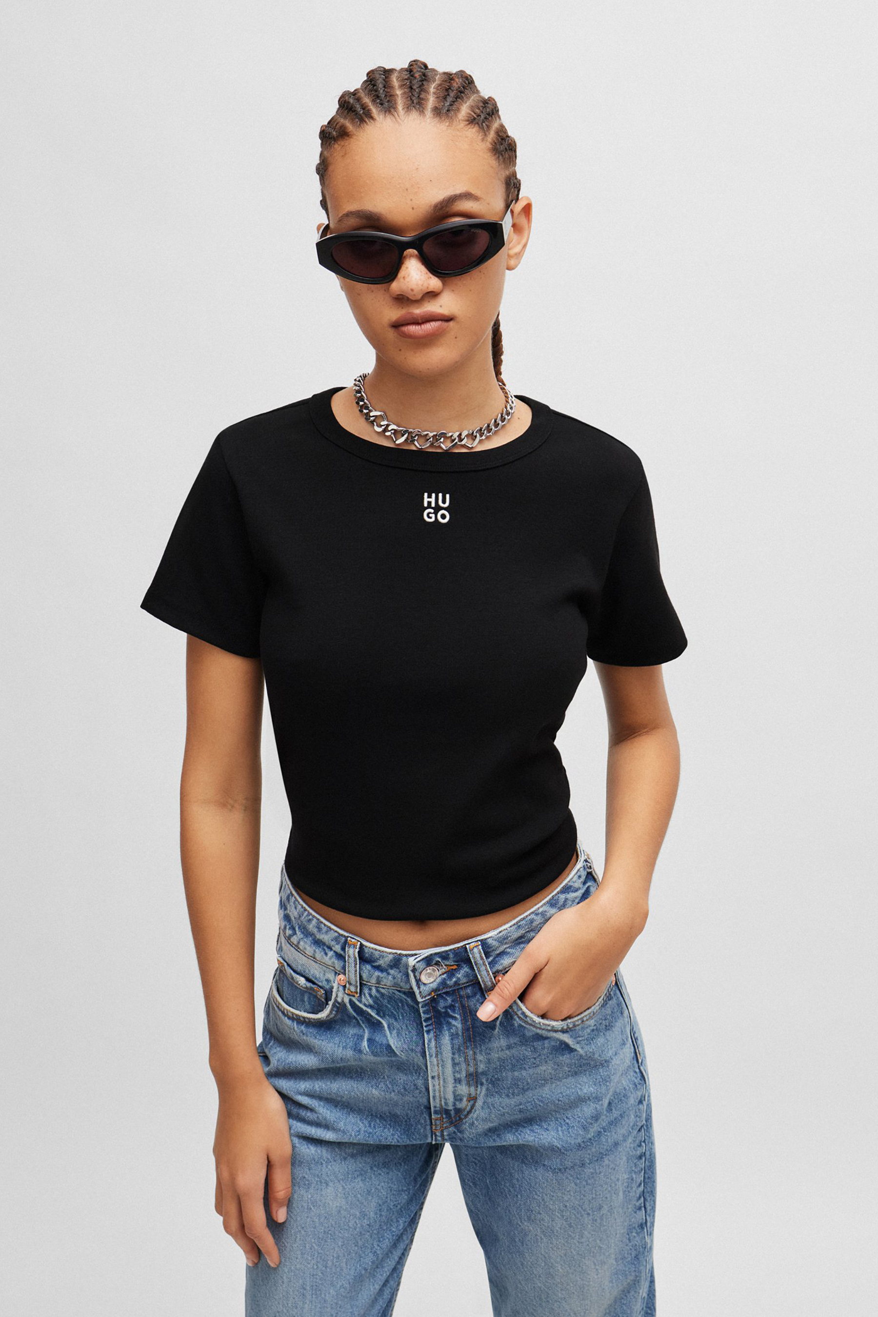 HUGO Embroidered Cotton Blend Stretch T-Shirt Deloris