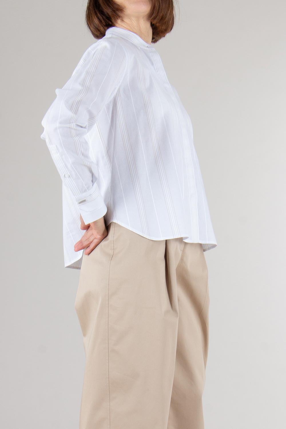 BOSS Boxy Fit Stand collar Striped Cotton Blouse 