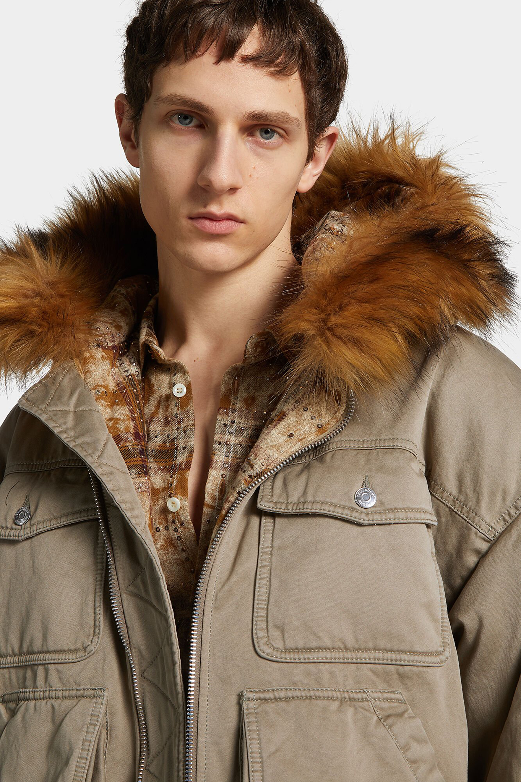 DSQUARED2 Relaxed Fit Faux Fur Trim Cotton Winter Party Kaban Bekleidung, Mantel, Jacke