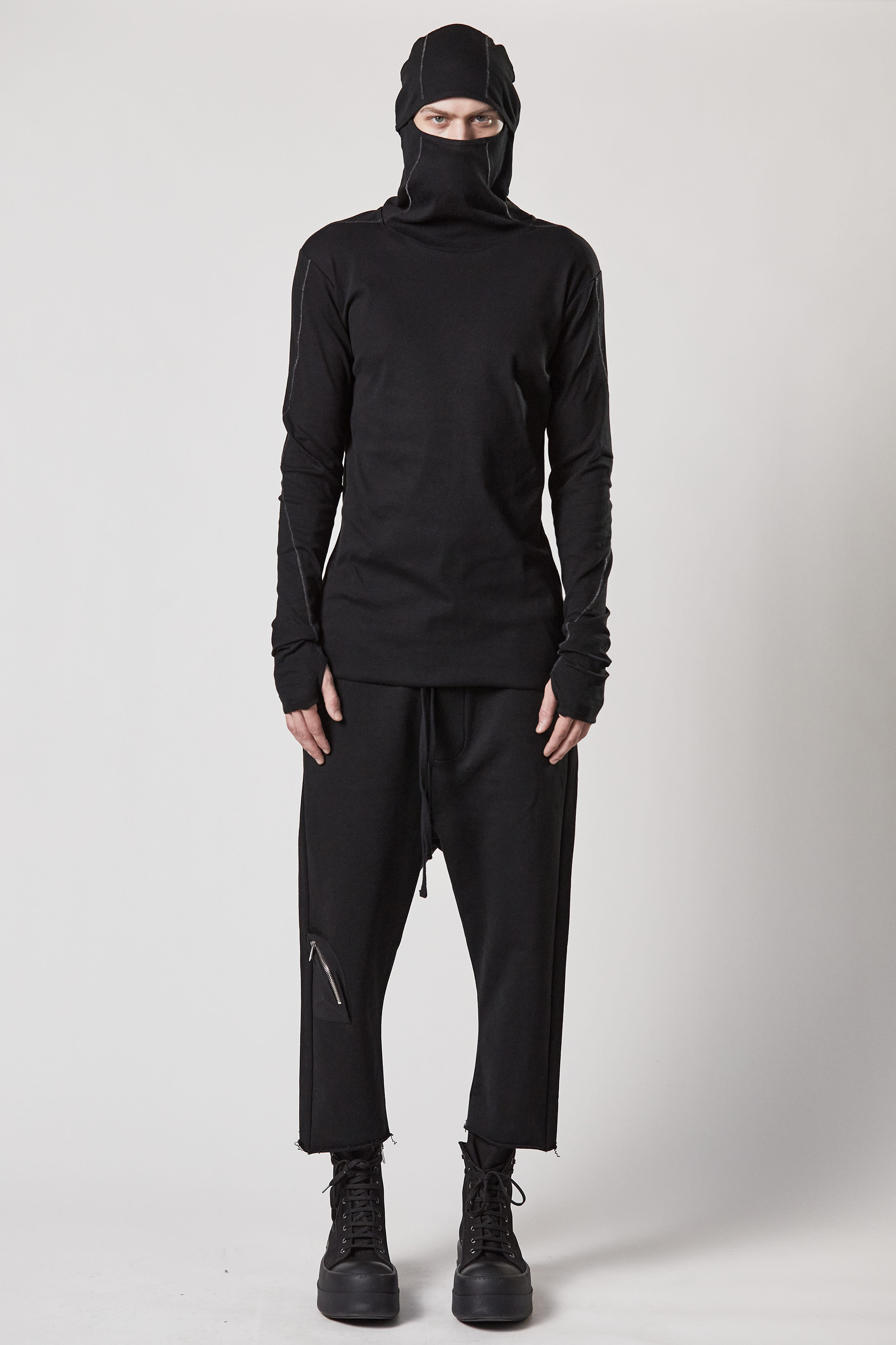 THOM KROM Balaclava Hooded Ribbed Cotton Stretch Long Sleeve T-Shirt THOM KROM Balaclava Hooded Ribbed Cotton Stretch Long Sleeve T-Shirt