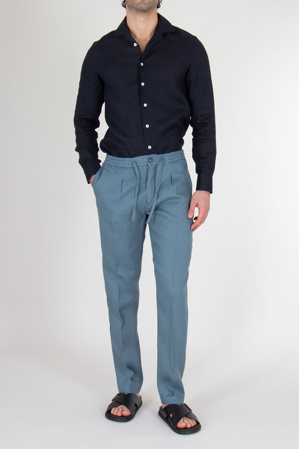 AURÉLIEN Slim Fit Linen Drawstring Trousers Seaside