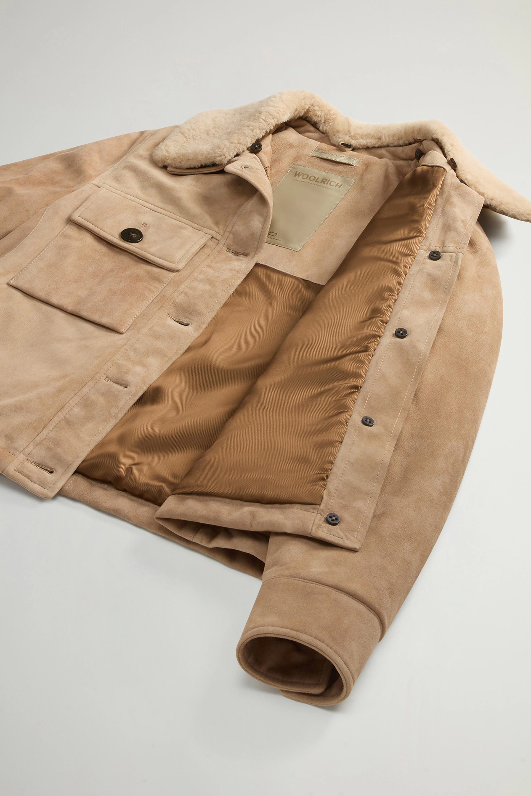 WOOLRICH Regular Fit Shearling Trim Goat Suede Jacket Amber Mantel, Jacke, Khaki, Weste