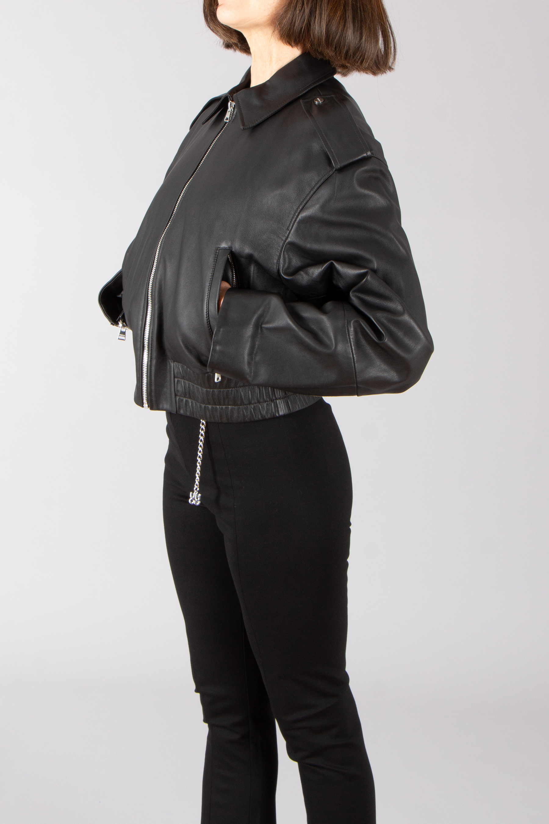 HUGO Relaxed Fit Cropped Lamb Leather Jacket Lavano