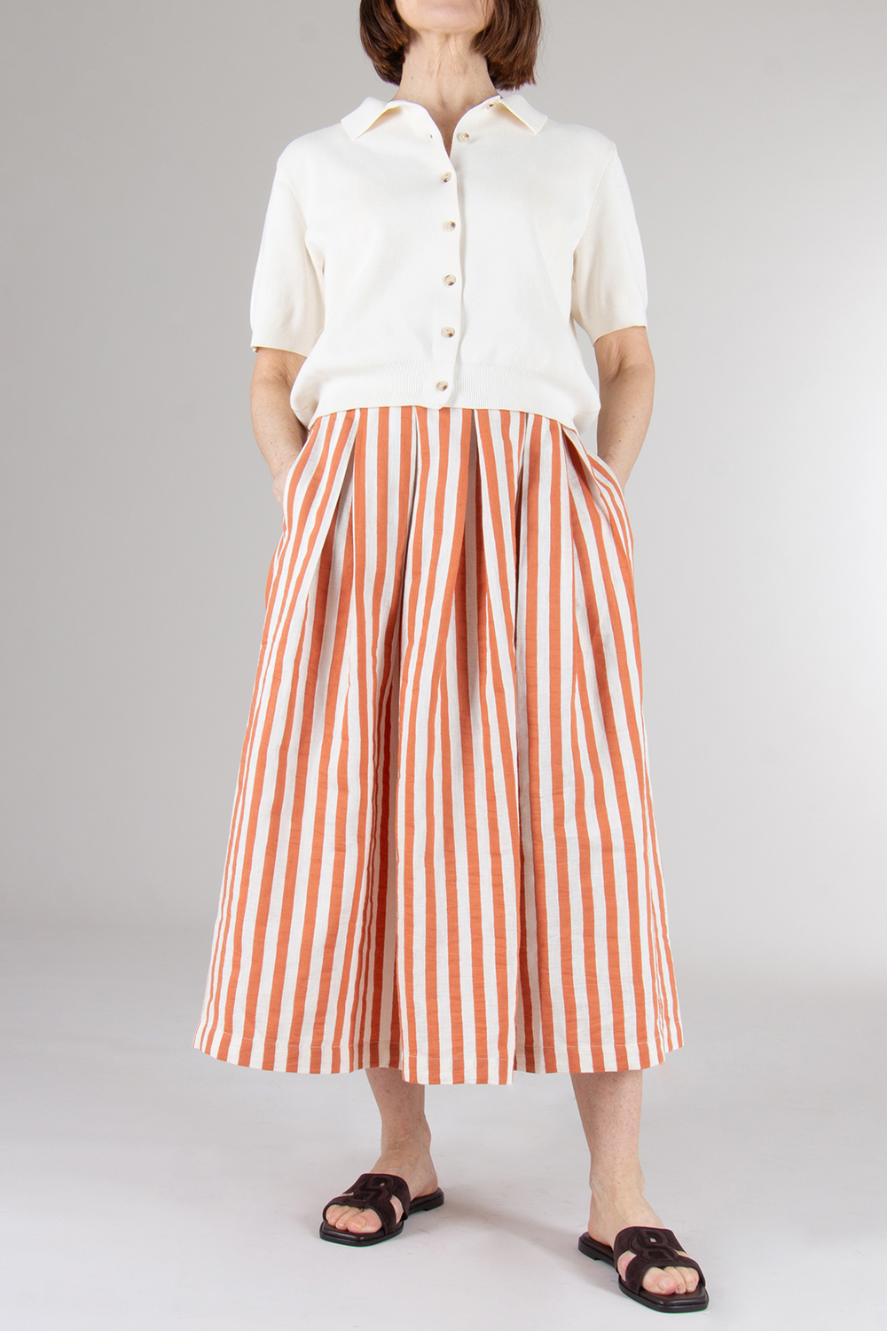 0039 ITALY Striped Linen Blend Flared Skirt Kylie