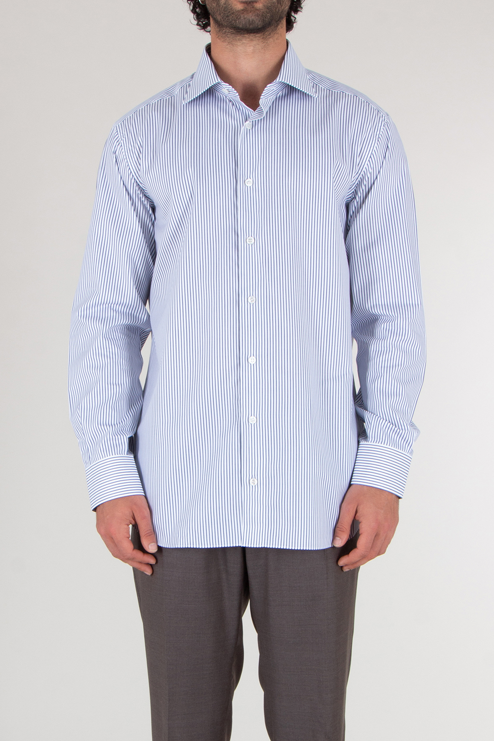 BRIONI Striped Cotton Shark Collar Shirt