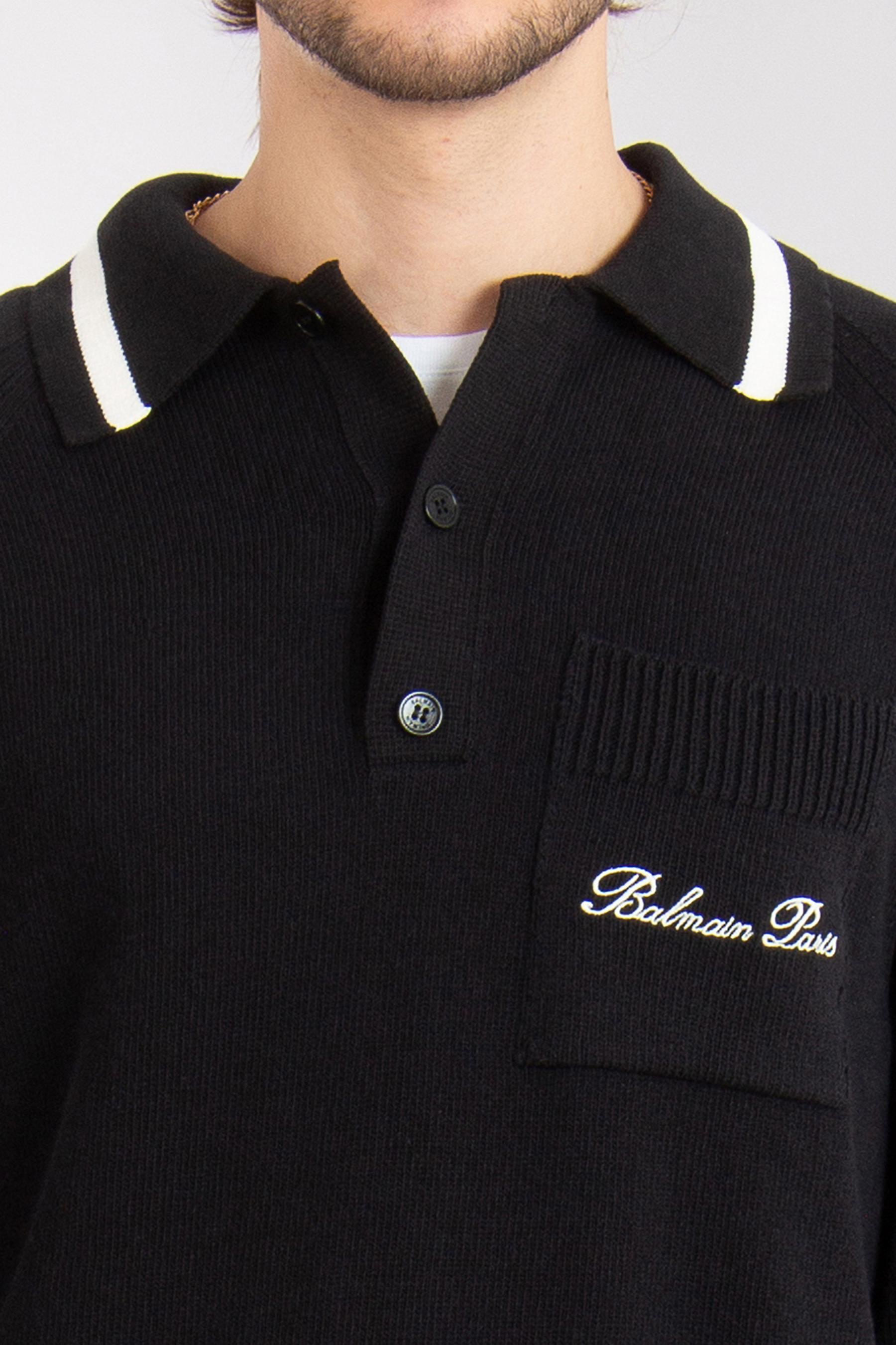 BALMAIN Lyocell-Cotton-Blend Long Sleeve Knit Polo BALMAIN Lyocell-Cotton-Blend Long Sleeve Knit Polo