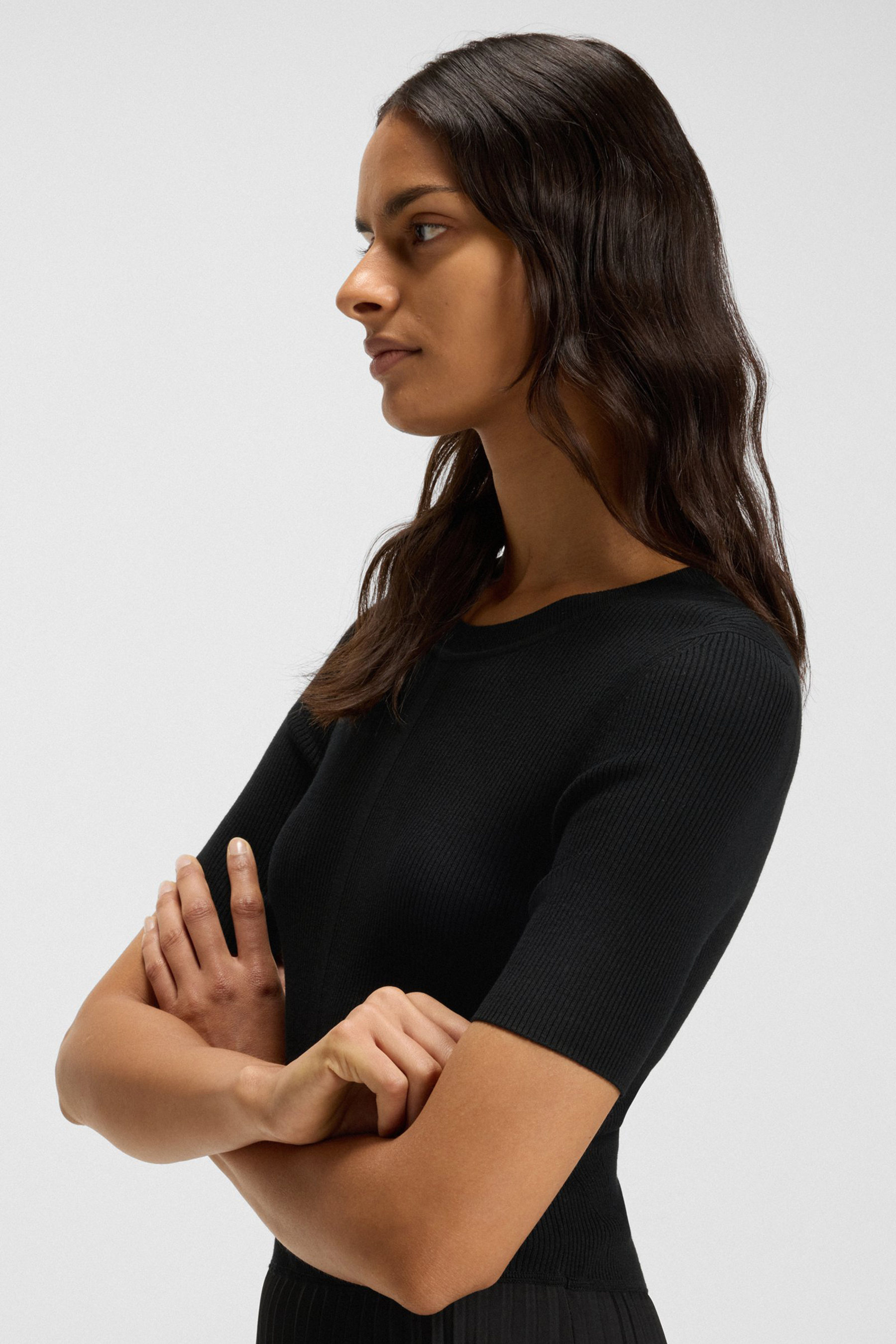 BOSS Slim Fit Mixed-Material Plissé Skirt Dress Fadridi Person, Portrait, Erwachsener, Weiblich, Frau
