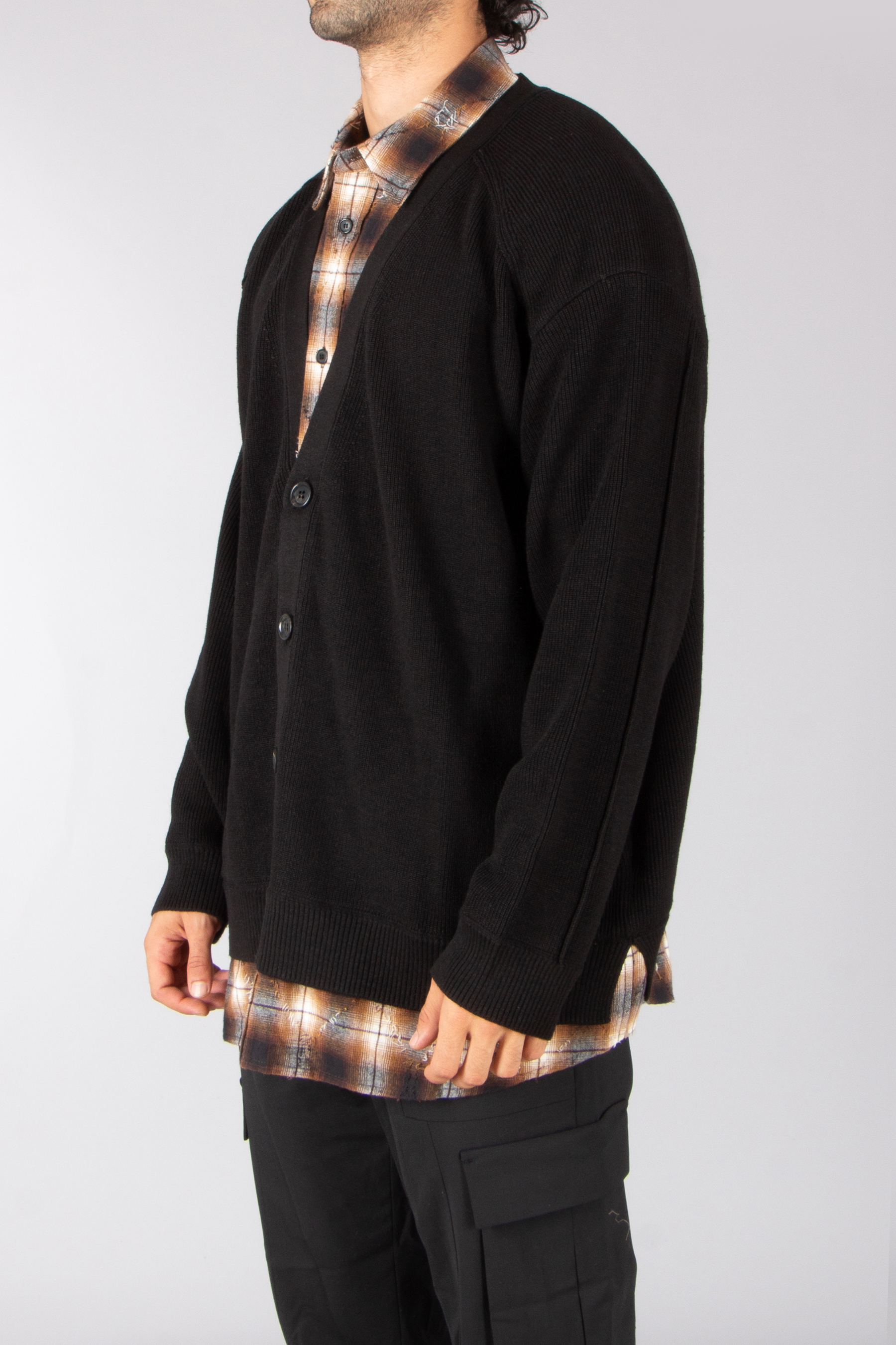 JUUN.J Loose Fit Checked Flannel Shirt Layered Ribbed Bast Fiber-Wool Blend Cardigan Bekleidung, Strickwaren, Pullover, Mantel