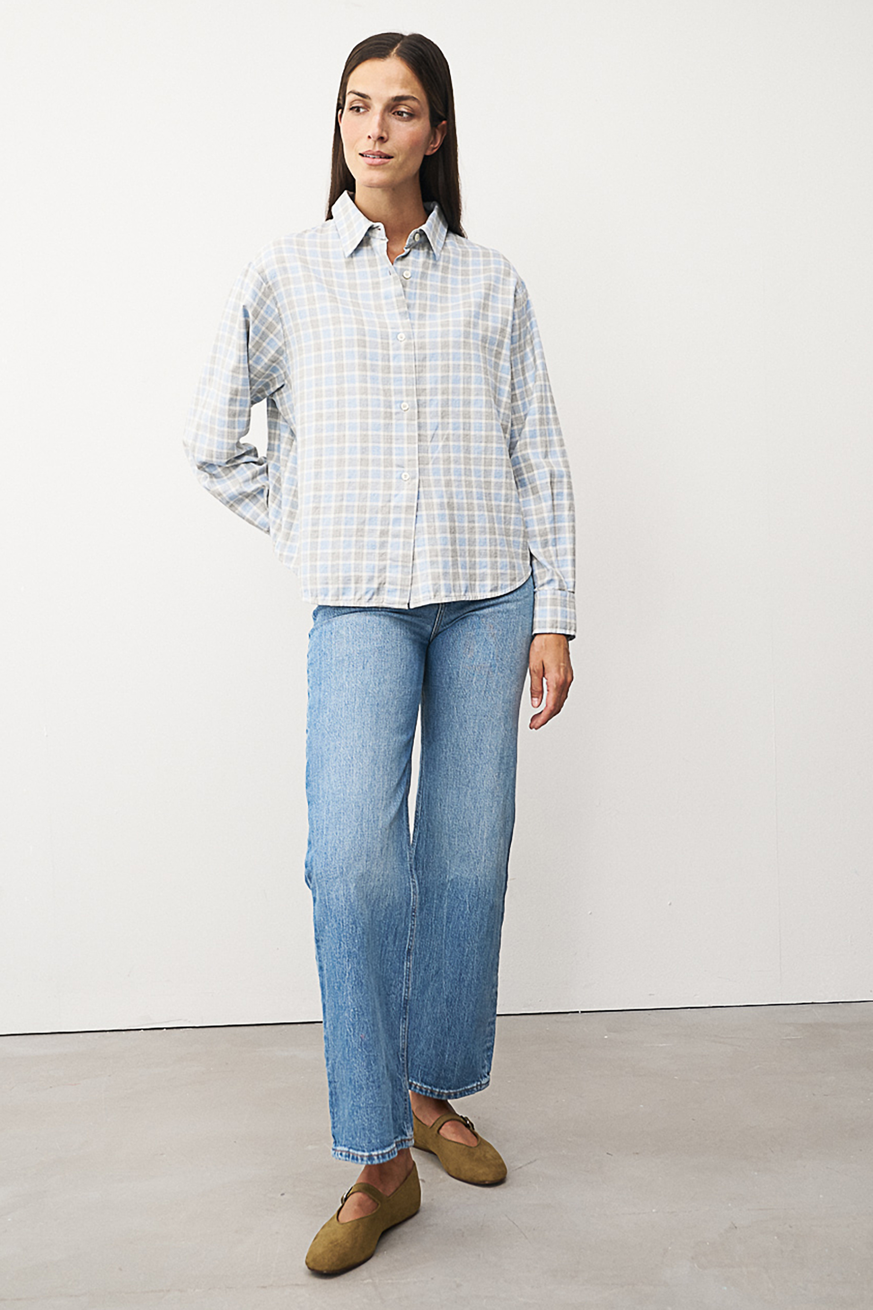 0039 ITALY Oversized Fit Checked Cotton Flannel Blouse Elsa Bekleidung, Hosen, Hemd, Jeanshose, Person