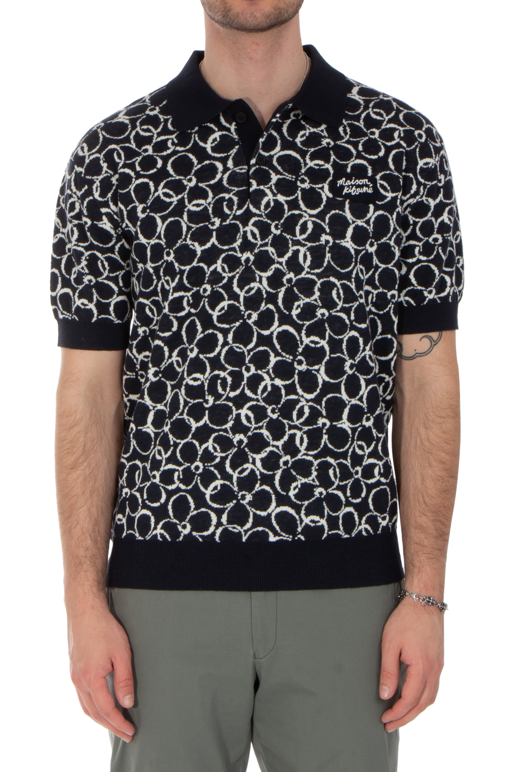 MAISON KITSUNÉ Patterned Cotton-Organic Linen Blend Knit Polo