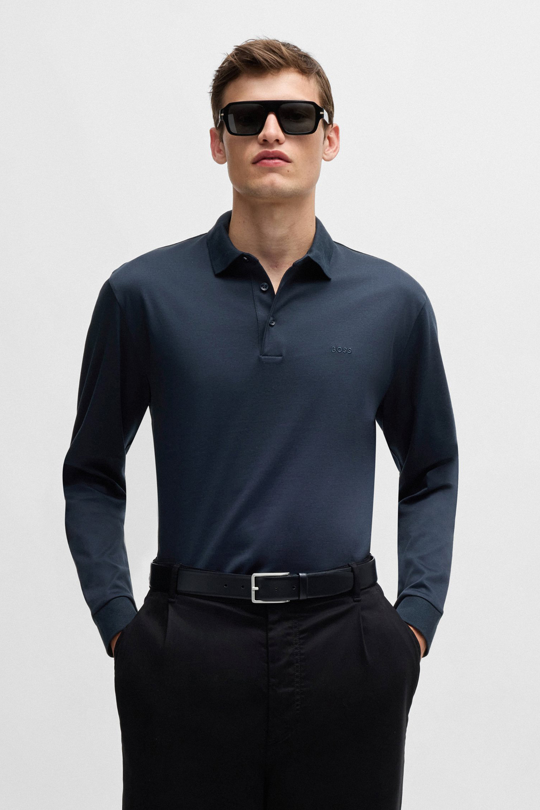 BOSS Regular Fit Embroidered Interlock-Cotton Long-Sleeve Polo Shirt Pado BOSS Regular Fit Embroidered Interlock-Cotton Long-Sleeve Polo Shirt Pado