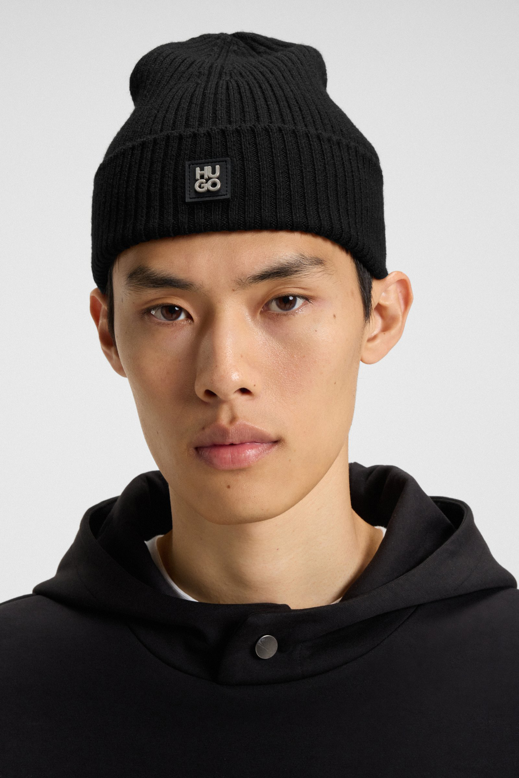 HUGO Ribbed Virgin Wool Beanie Hat Xola Mütze, Hut, Person, Gesicht