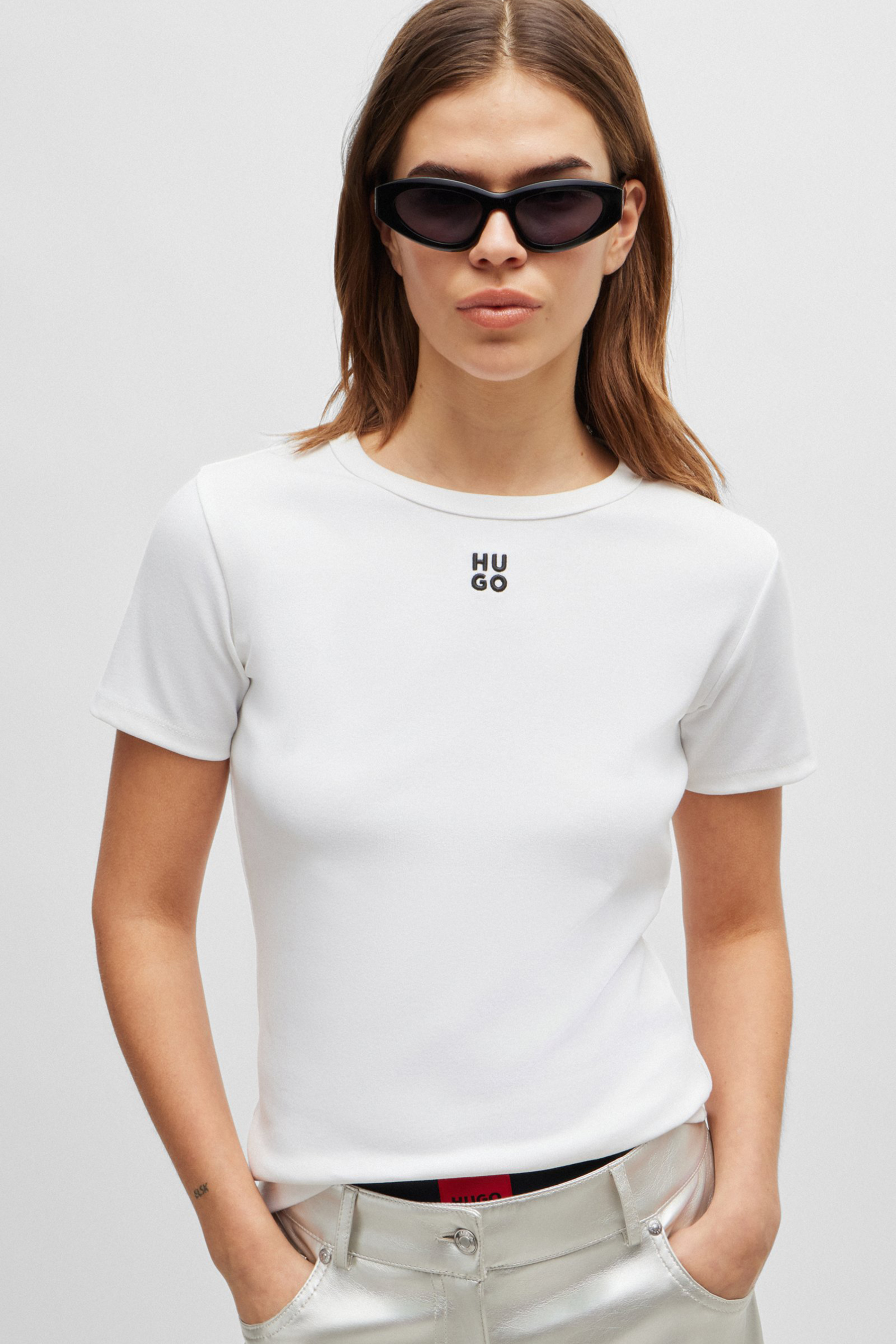 HUGO Embroidered Cotton Blend Stretch T-Shirt Deloris HUGO Embroidered Cotton Blend Stretch T-Shirt Deloris