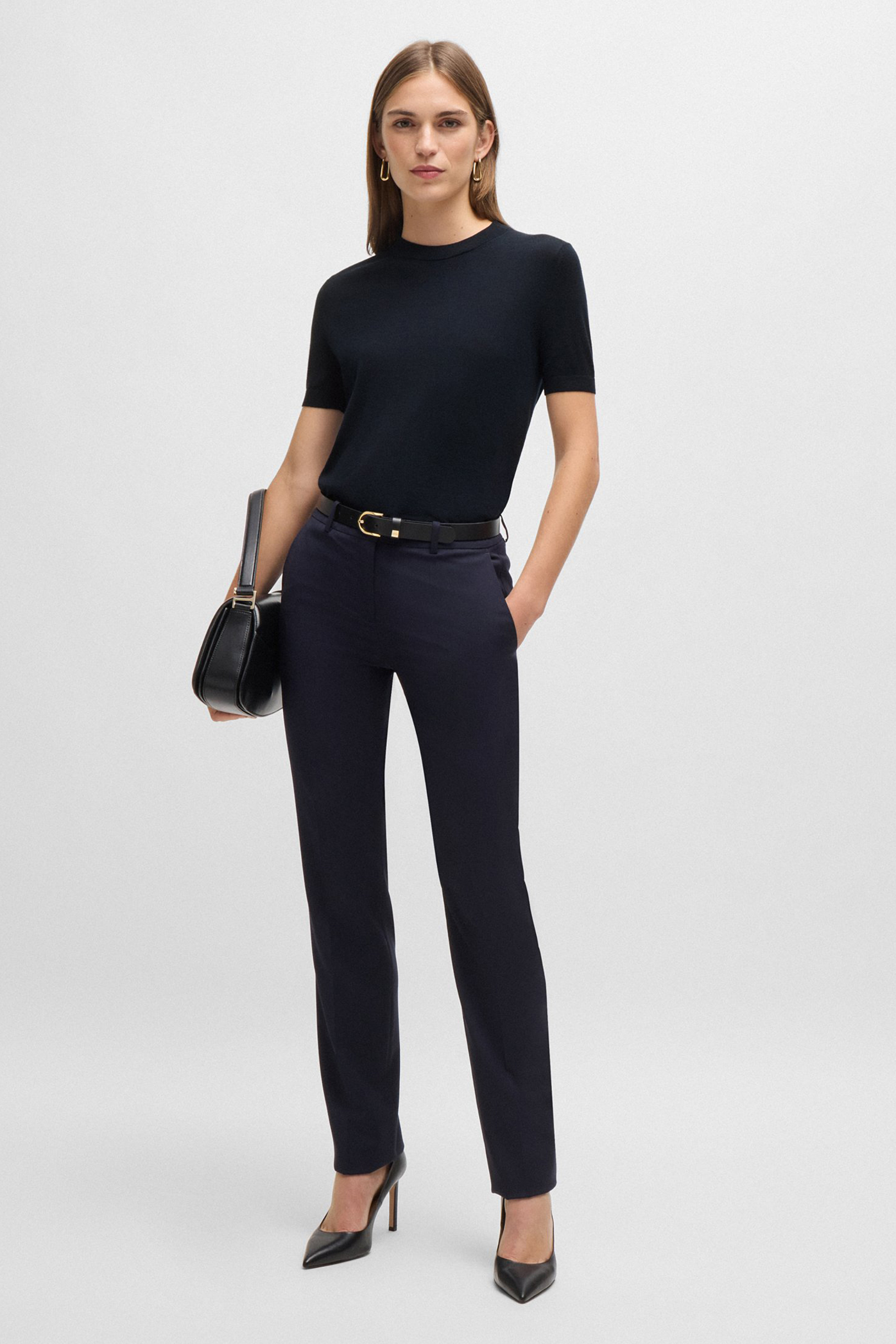 BOSS Regular Fit Virgin Wool Knit T-Shirt Falyssiasi Bekleidung, Hosen, Zubehör, Gürtel, Bluse