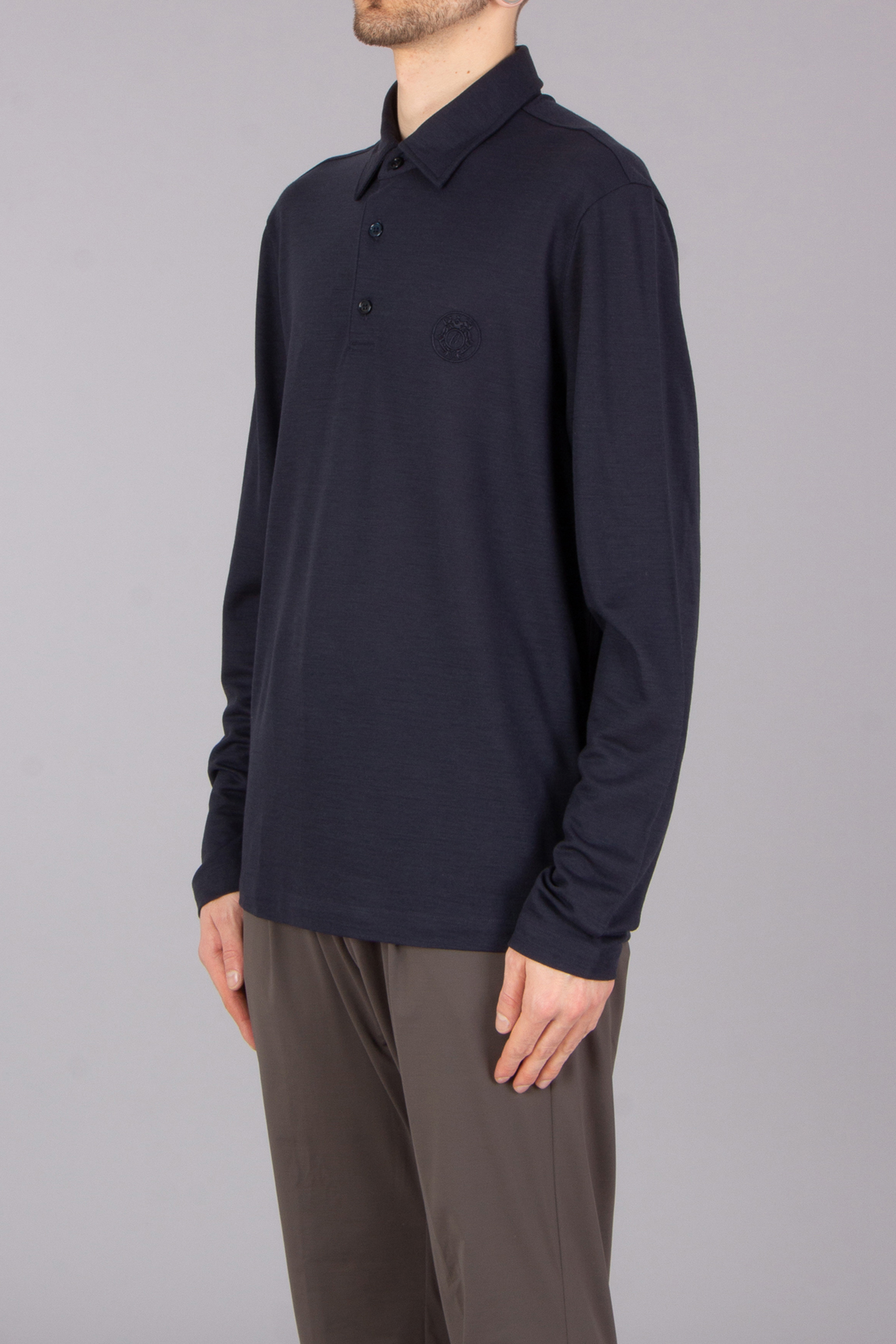 BRIONI Regular Fit Technical Wool Long Sleeve Polo Shirt BRIONI Regular Fit Technical Wool Long Sleeve Polo Shirt