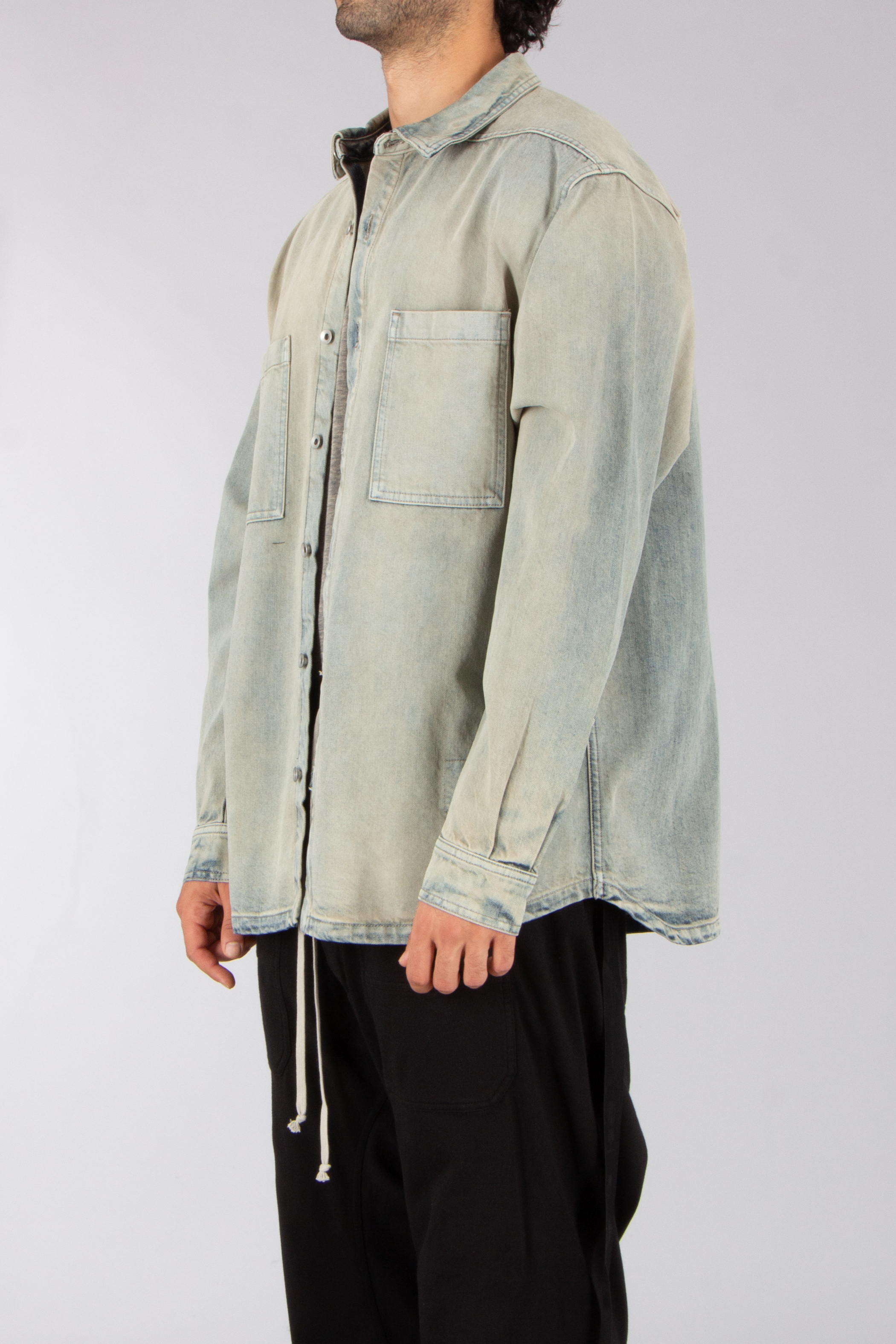 RICK OWENS DRKSHDW Oversized Fit Mineral Pearl Cotton Denim Jumbo Outershirt Mantel, Langarm, Jacke, Hosen, Fleece
