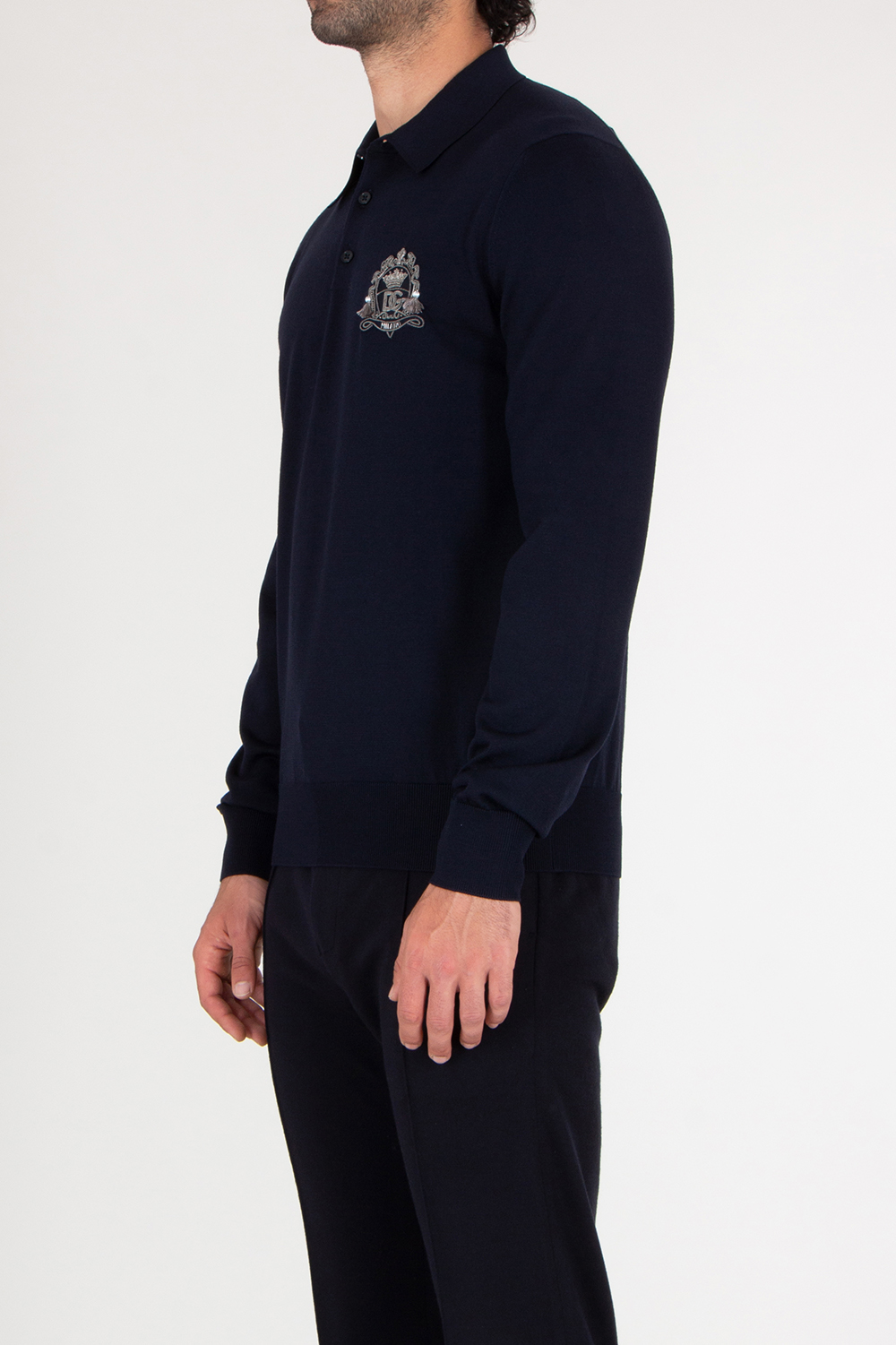 DOLCE & GABBANA Regular Fit Long Sleeve Embroidered Virgin Wool Polo Shirt