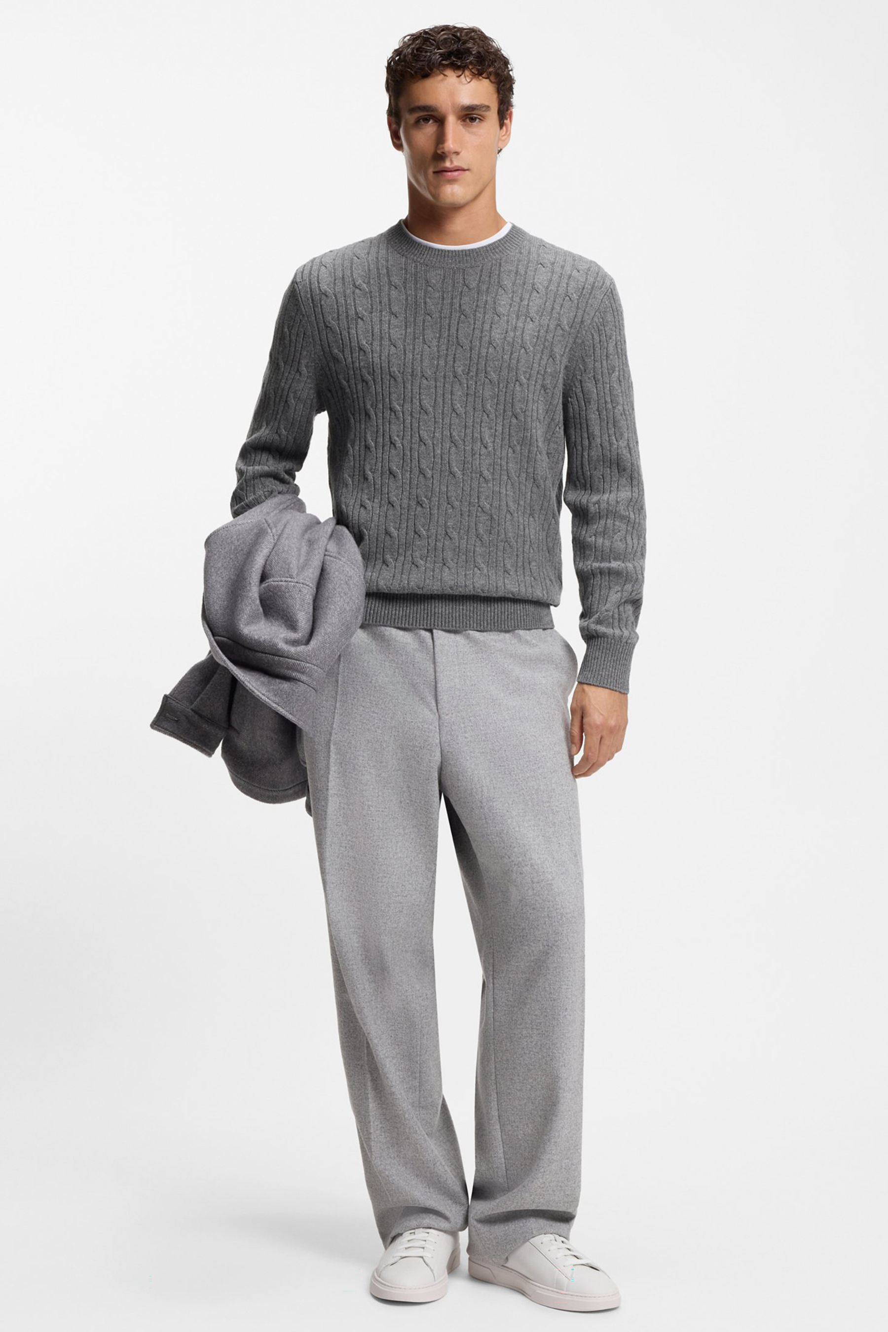 BOSS Regular Fit Cable Knit Virgin Wool-Cashmere Blend Crew Neck Sweater H-Hetico Bekleidung, Strickwaren, Pullover