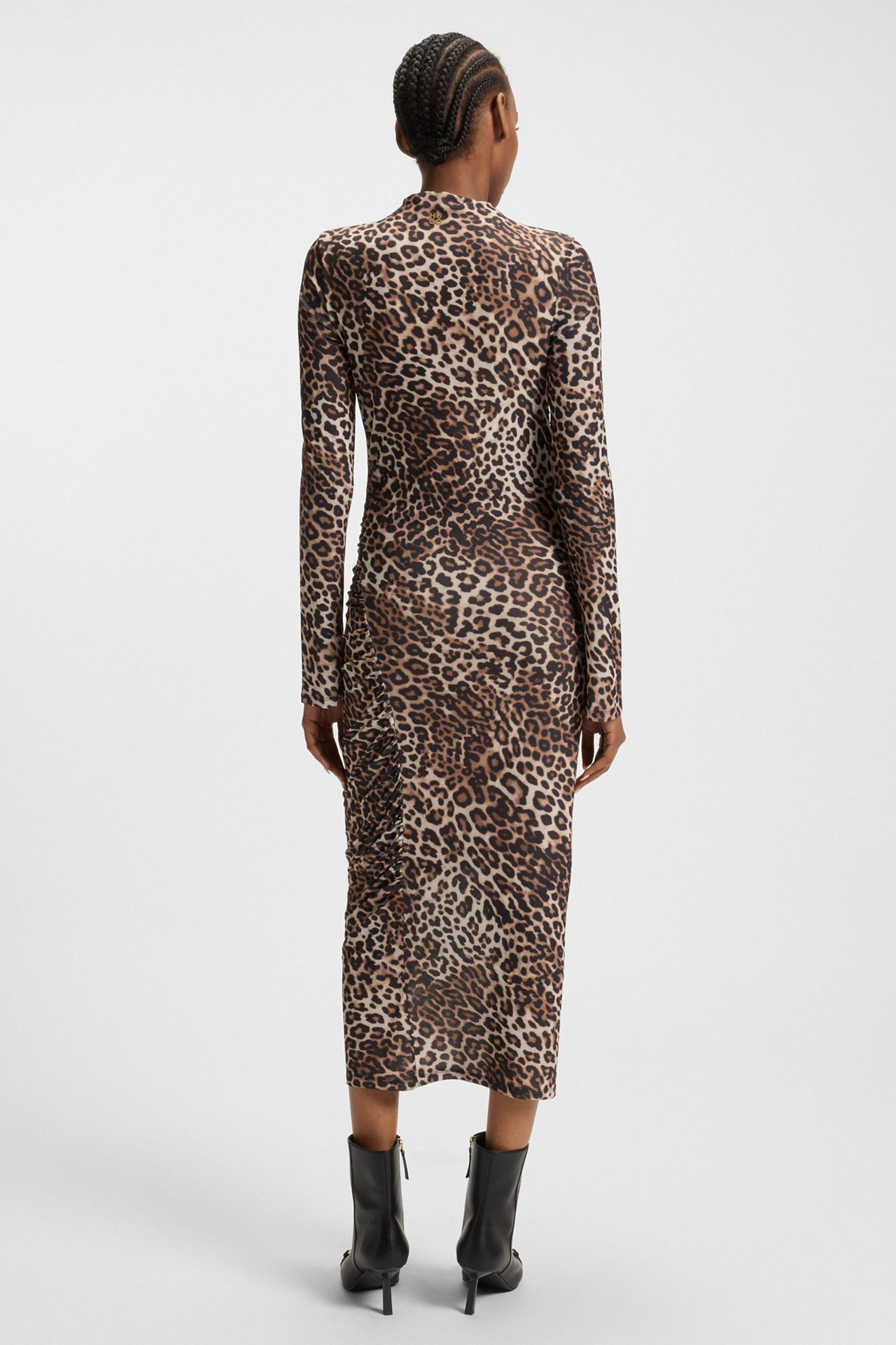 HUGO Slim Fit Leopard Print Stretch Mesh Crepe Long-Sleeve Maxi Dress Nardonnay Langarm, Ärmel, Kleid, Mantel, Person