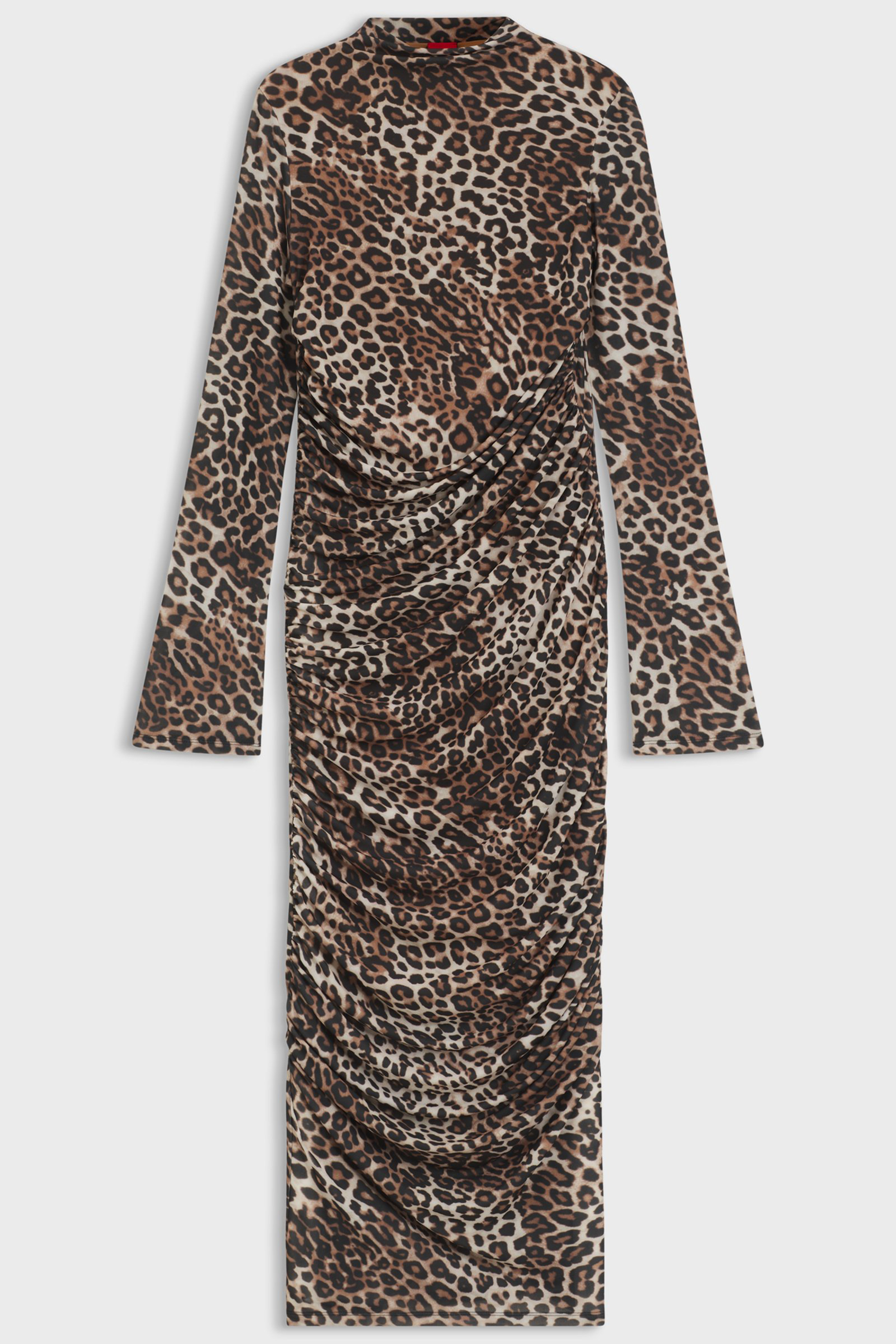 HUGO Slim Fit Leopard Print Stretch Mesh Crepe Long-Sleeve Maxi Dress Nardonnay Modisch, Robe, Langarm, Kleid, Mantel