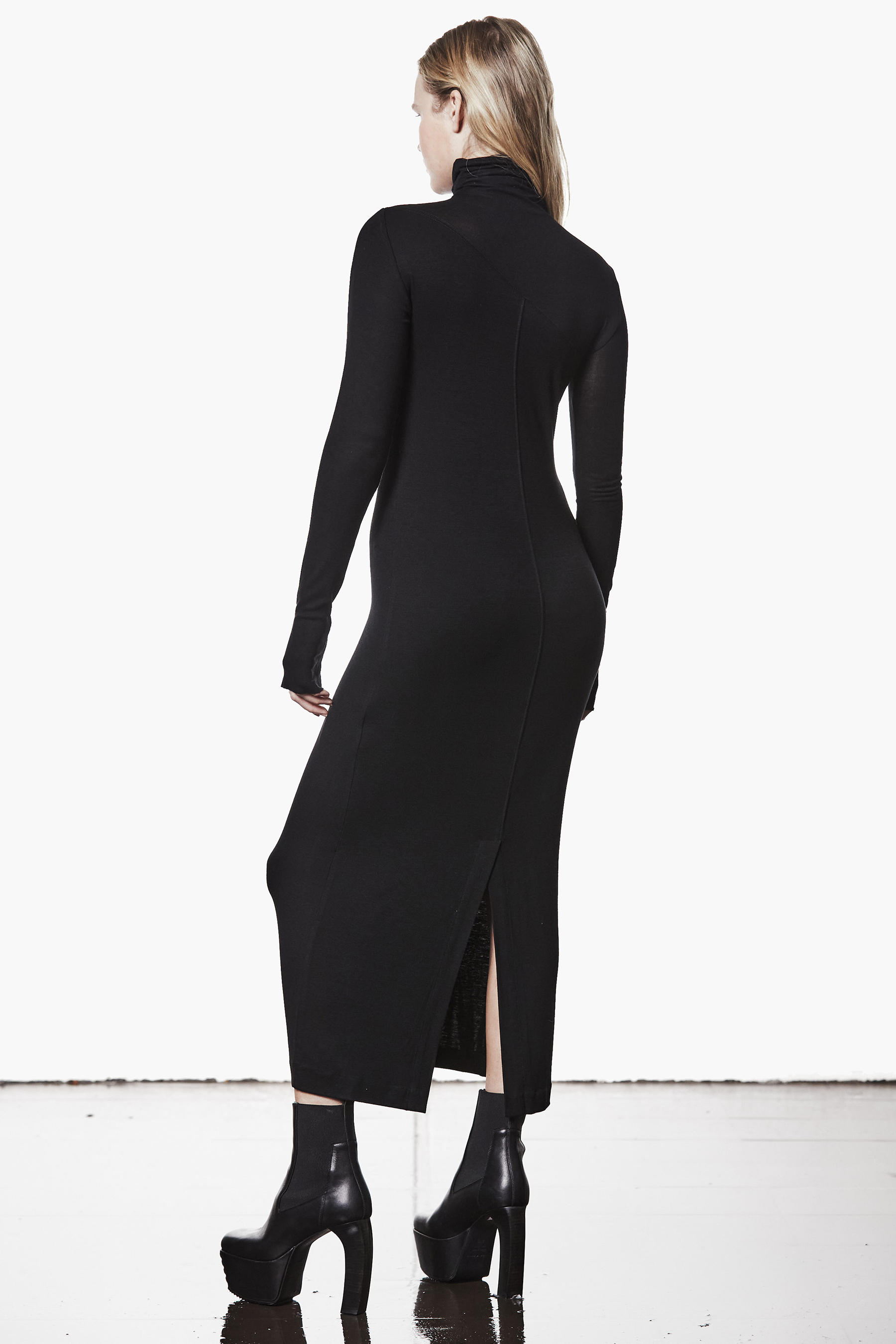 THOM KROM Slim Fit Viscose Stretch Roll Neck Midi Dress Langarm, Mantel, Schuh, Hoher Absatz, Kleid