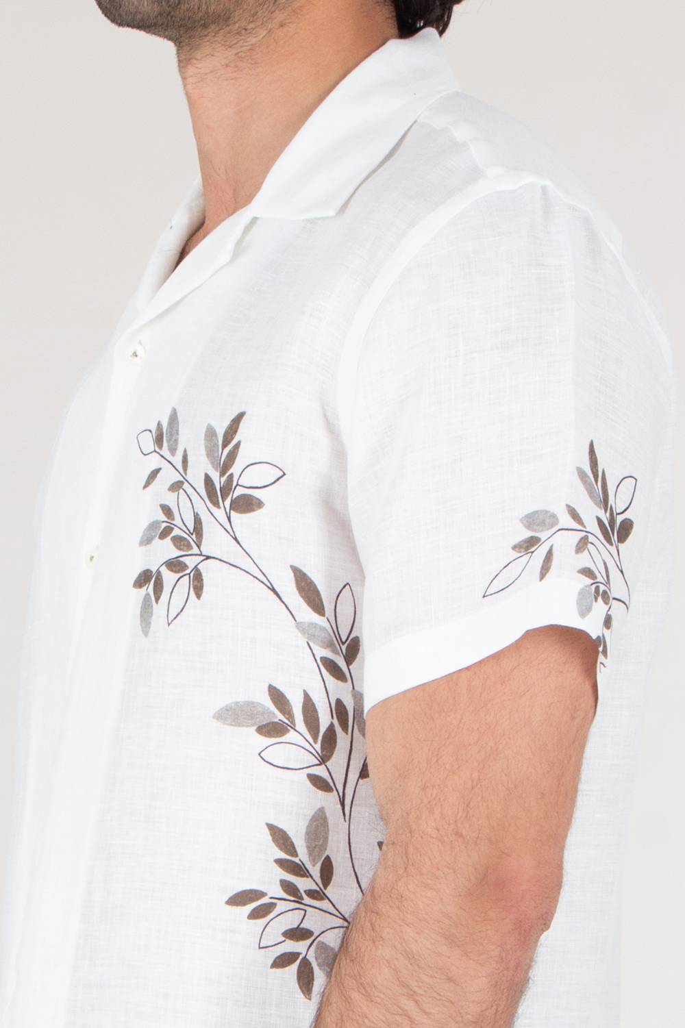 VAN LAACK Short Sleeve Olive Leaf Motif Linen Bowling Shirt