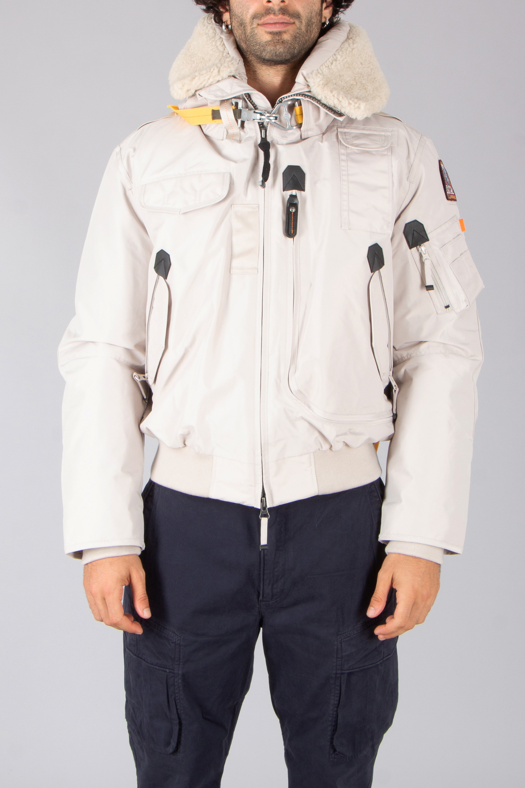 PARAJUMPERS Regular Fit Detachable Down Liner & Shearling Trim Nylon Hooded Down Bomber Jacket Gobi S. Bekleidung, Mantel, Jacke