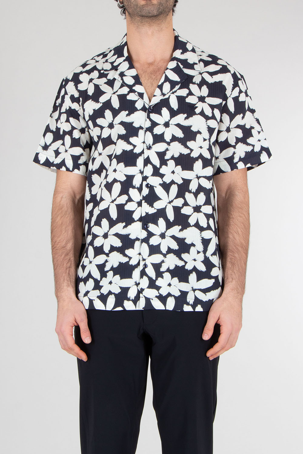 EMPORIO ARMANI Boxy Fit Eagle Flower Print Cotton Beachwear Short-Sleeve Shirt