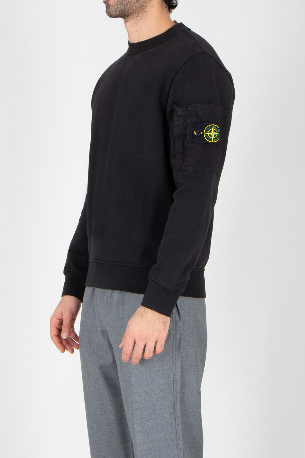 STONE ISLAND Regular Fit Ripstop Pocket Cotton Fleece Crew Neck Sweatshirt