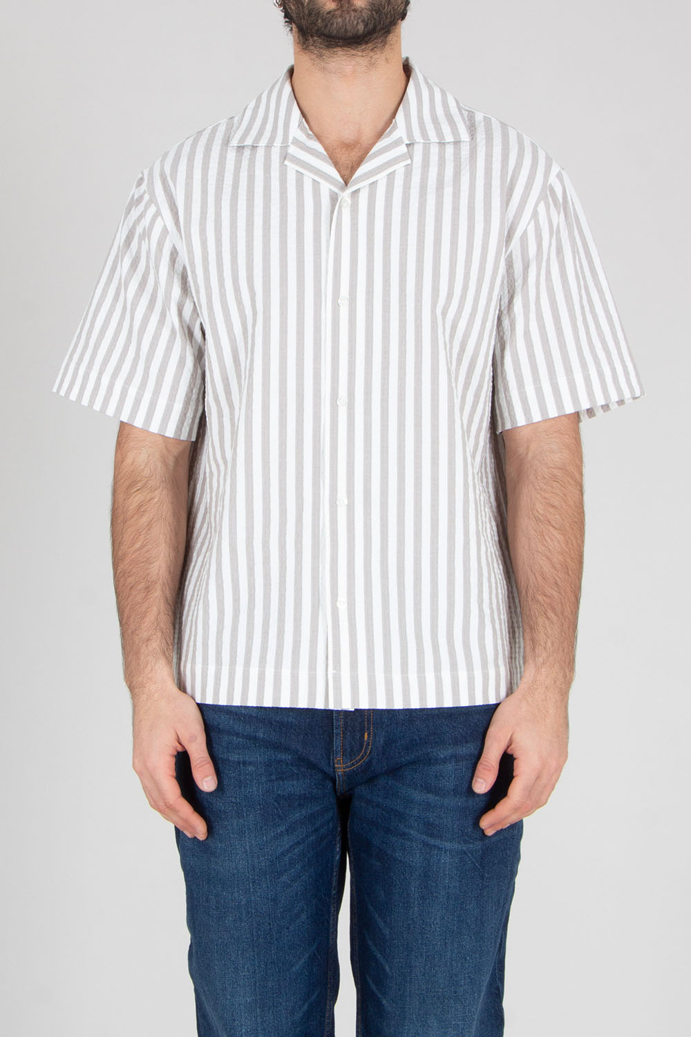 HUGO Boxy Fit Striped Cotton Stretch Seersucker Short-Sleeve Shirt Espino