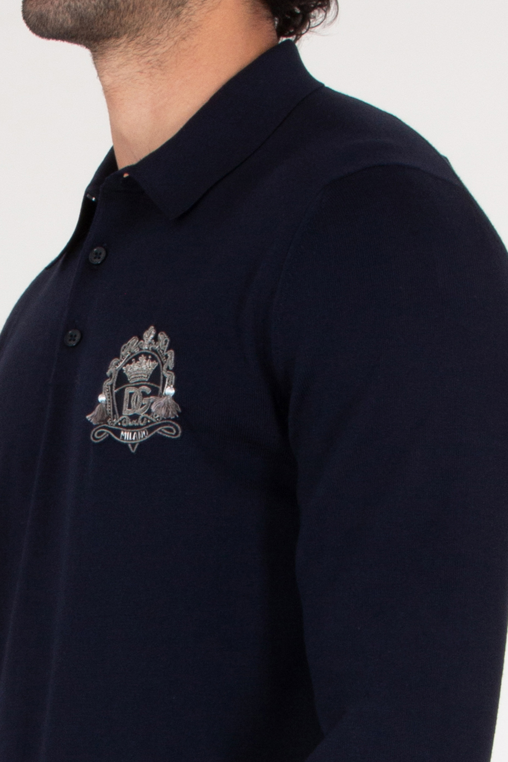 DOLCE & GABBANA Regular Fit Long Sleeve Embroidered Virgin Wool Polo Shirt