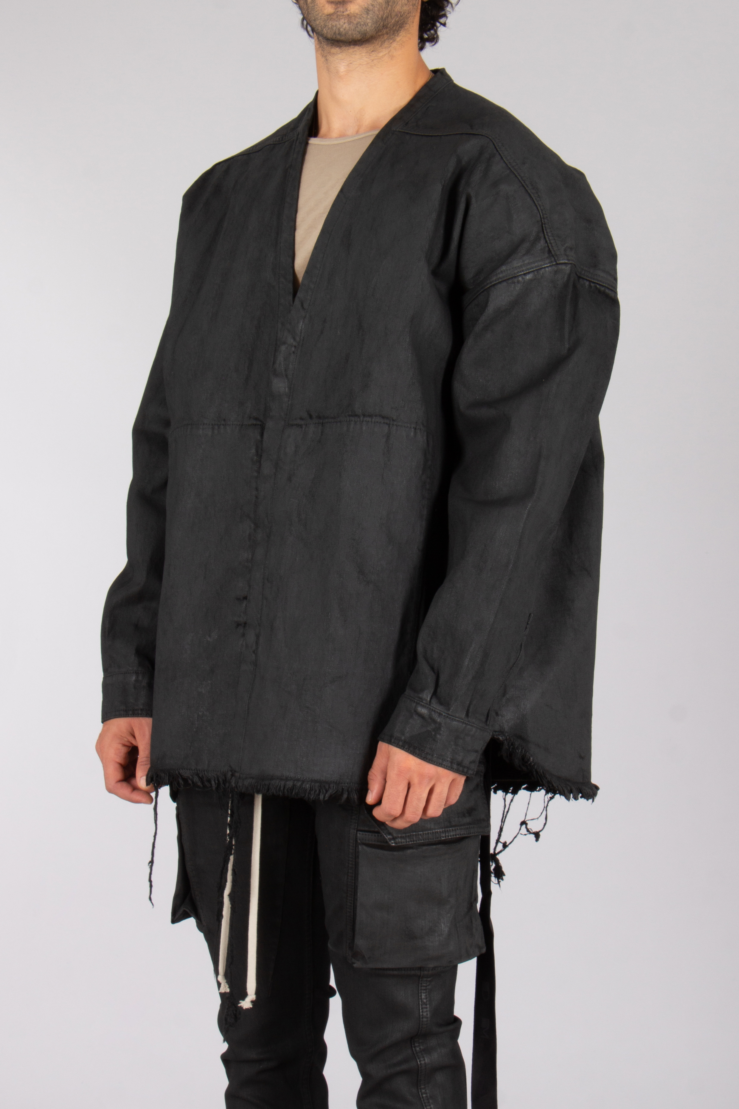 RICK OWENS DRKSHDW Oversized Wax Cotton Denim Lido Larry Shirt Mantel, Jacke, Langarm, Hosen