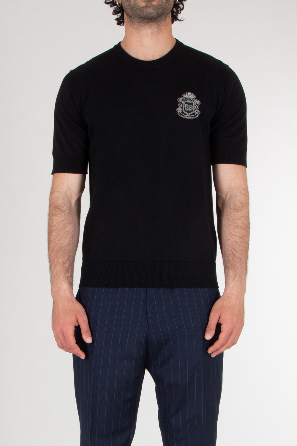 DOLCE & GABBANA Knitted Cotton Short Sleeve Embroidered Sweater
