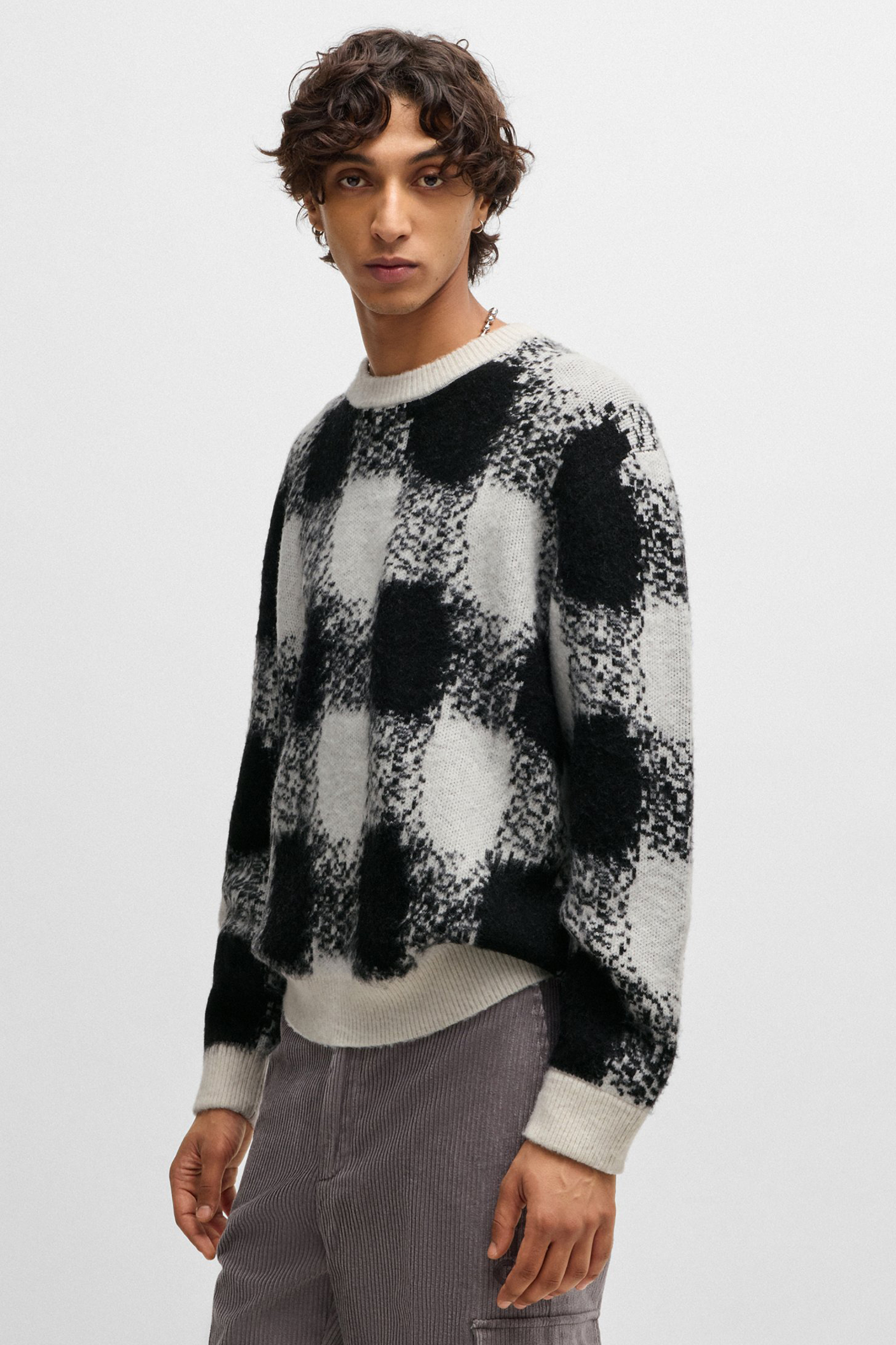 HUGO Oversized Checked Jacquard Knit Sweater Shequer HUGO Oversized Checked Jacquard Knit Sweater Shequer