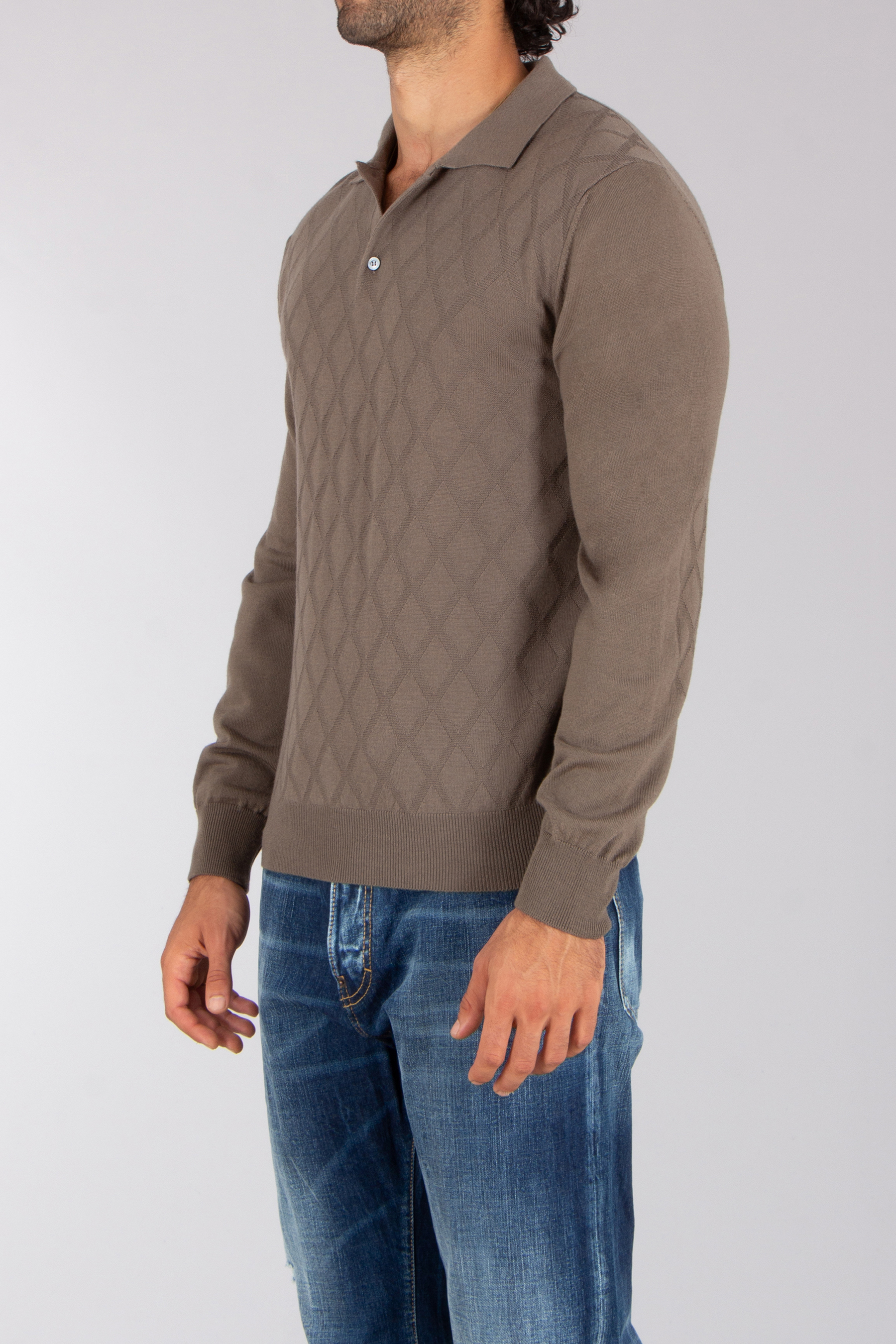CANALI Regular Fit Structured Extrafine Wool Knit Polo Langarm, Strickwaren, Pullover, Hosen, Jeans