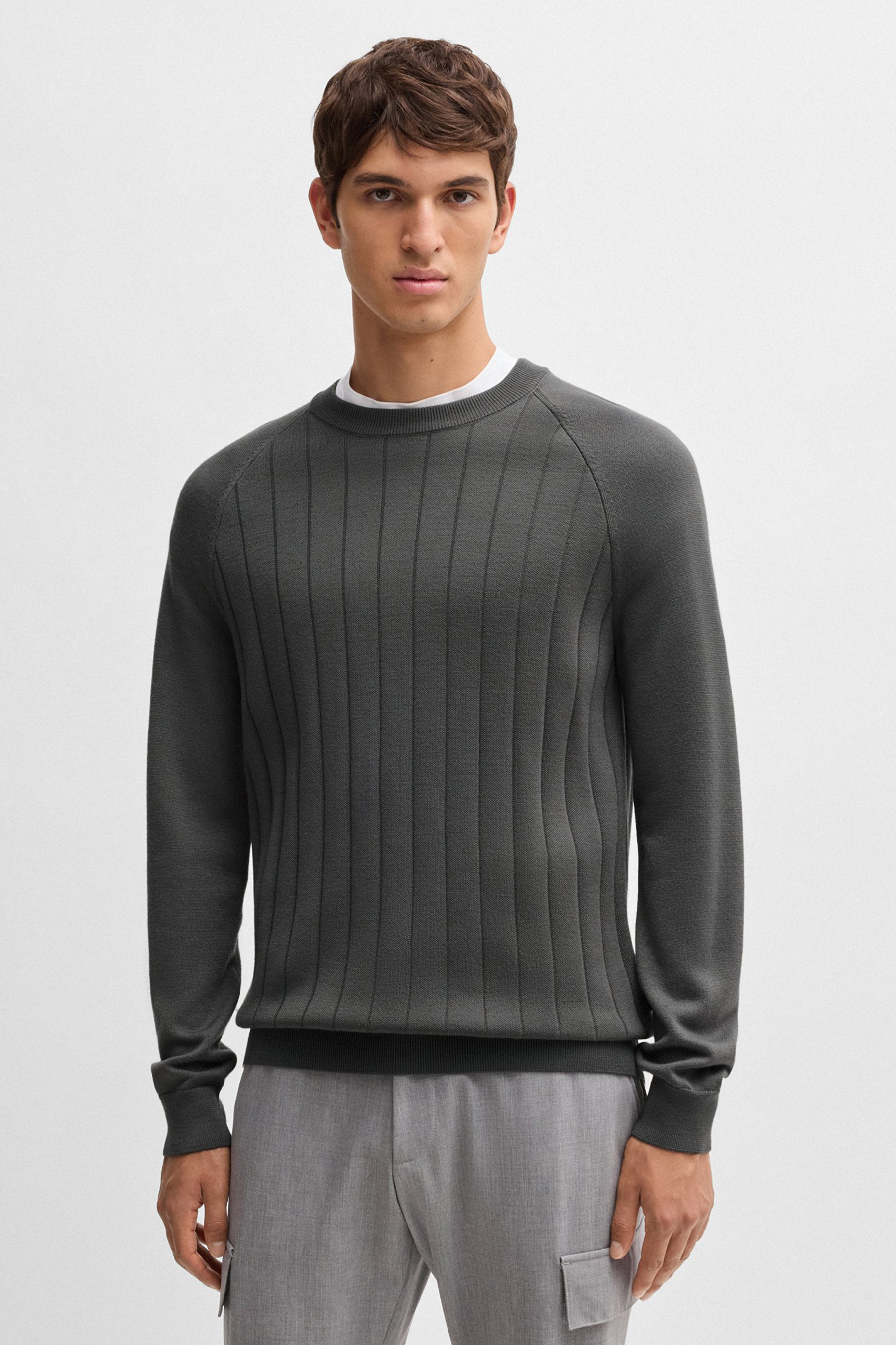 BOSS Striped Virgin Wool-Lyocell Blend Sweater H-Belugo BOSS Striped Virgin Wool-Lyocell Blend Sweater H-Belugo