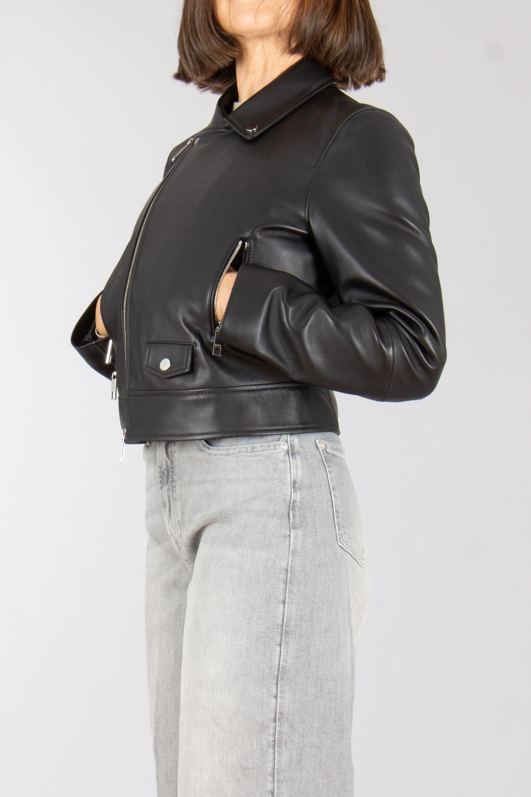 BOSS Cropped Lamb Leather Biker Jacket Sayuri Mantel, Jacke, Erwachsener, Person, Frau