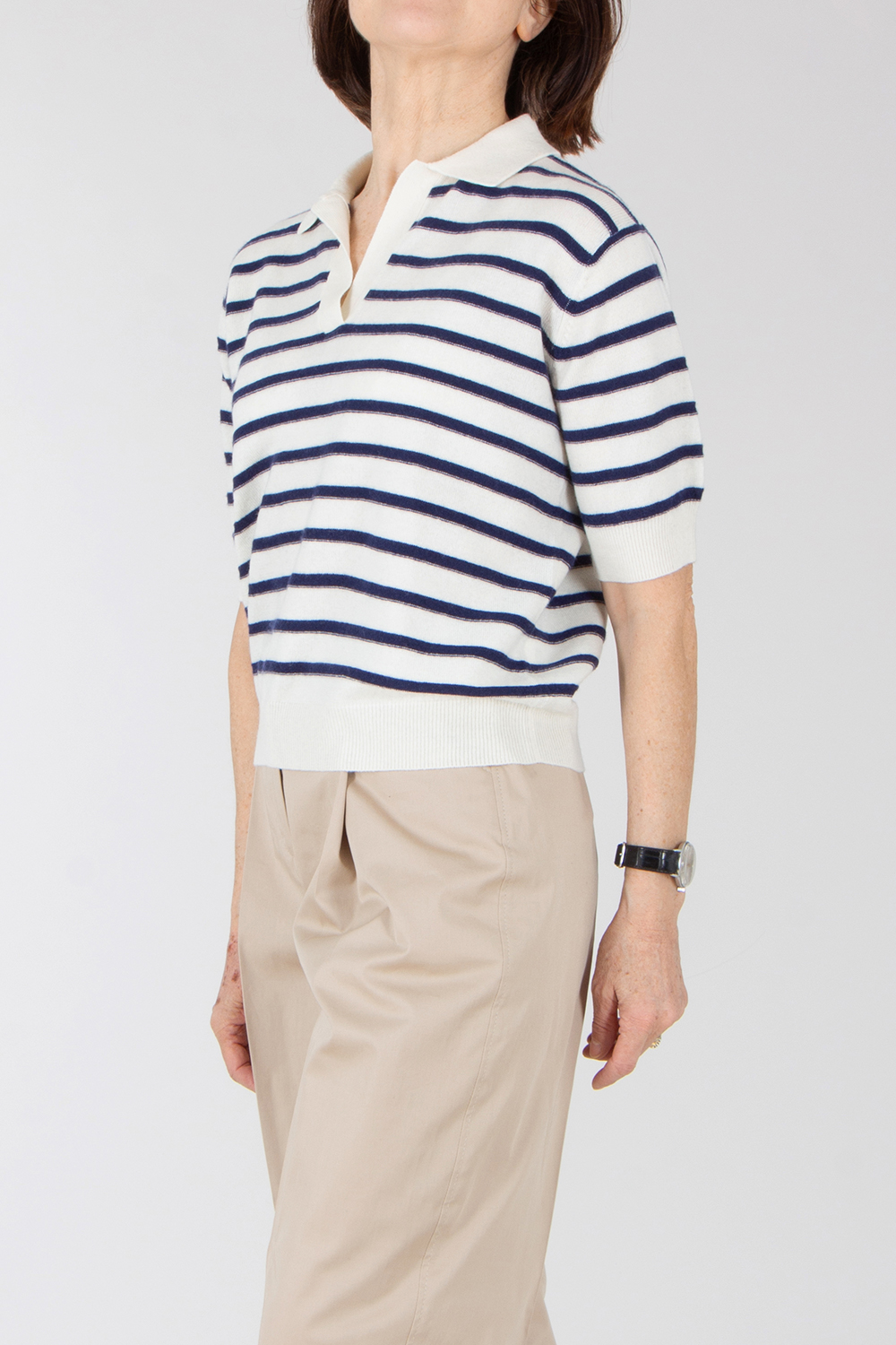 0039 ITALY Casual Fit Striped Cashmere-Wool Blend Knit Polo Iris