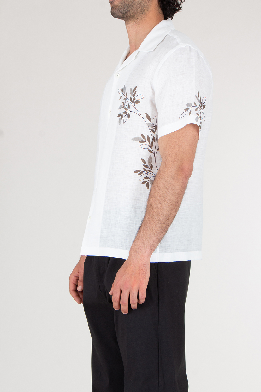 VAN LAACK Short Sleeve Olive Leaf Motif Linen Bowling Shirt