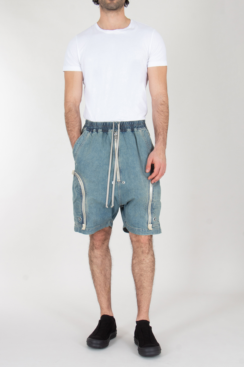 RICK OWENS DRKSHDW Wide Leg Washed Denim Zipped Shorts Bauhaus Pods