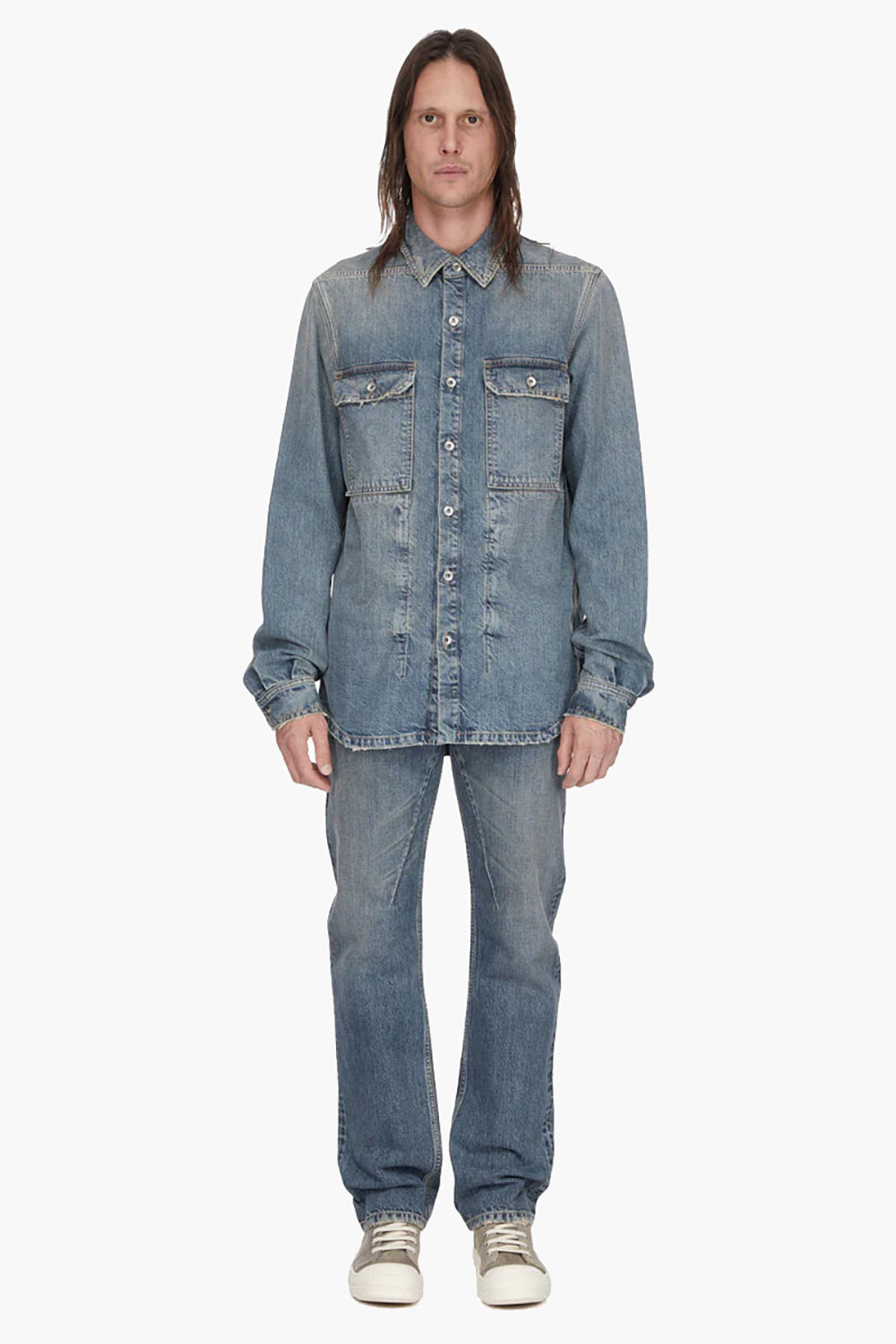 RICK OWENS DRKSHDW Fog Cut Washed Indigo Distressed Cotton Denim Jeans