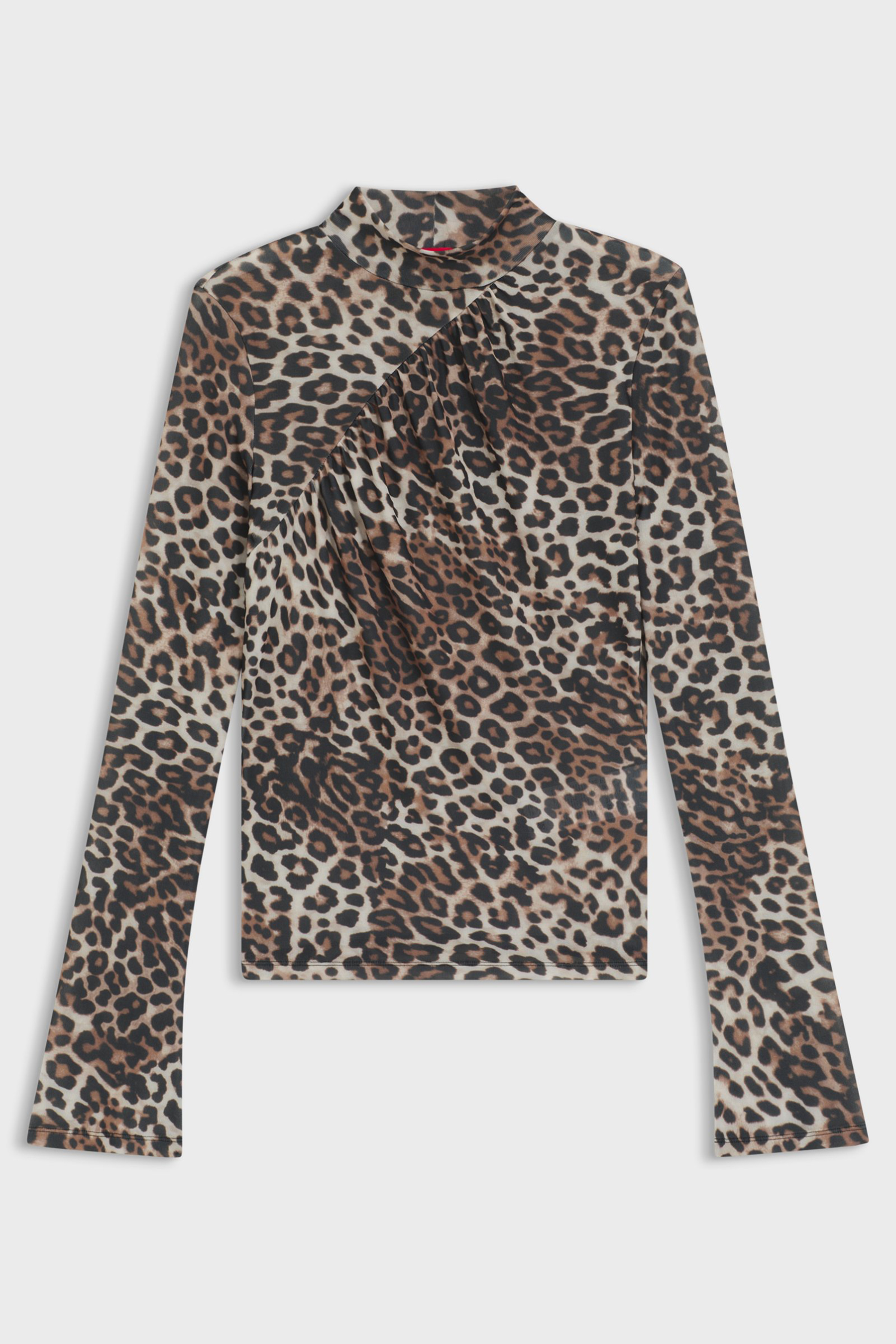HUGO Slim Fit Leopard Print Stretch Mesh Crepe Long-Sleeve Turtleneck Top Dardonnay Bekleidung, Langarm, Ärmel, Bluse, Mantel