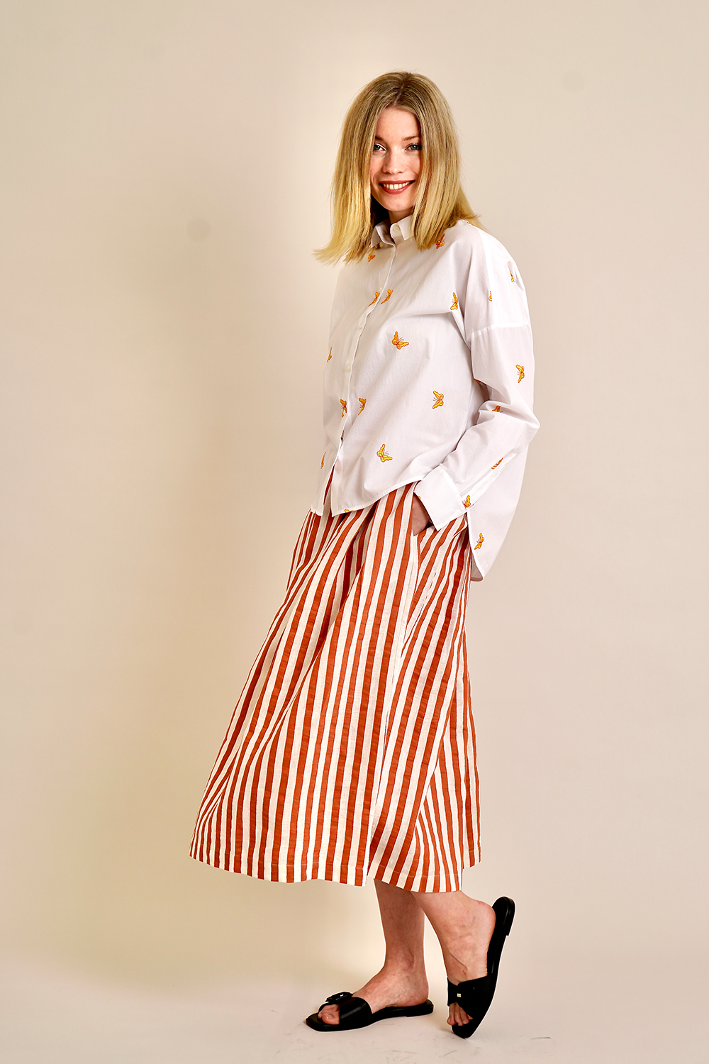 0039 ITALY Striped Linen Blend Flared Skirt Kylie