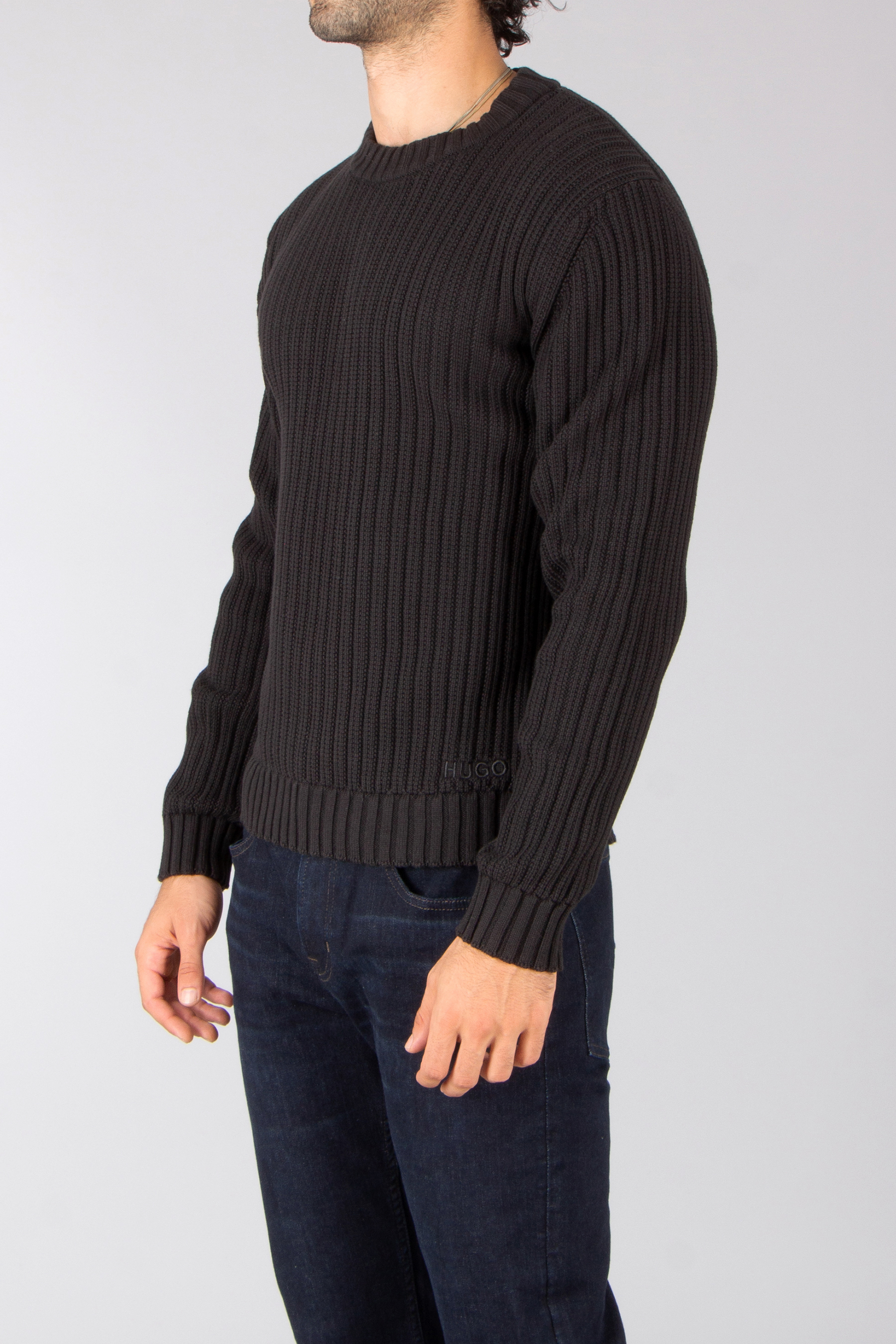 HUGO Regular Fit Ribbed Cotton Crew Neck Sweater Scribben Bekleidung, Strickwaren, Pullover