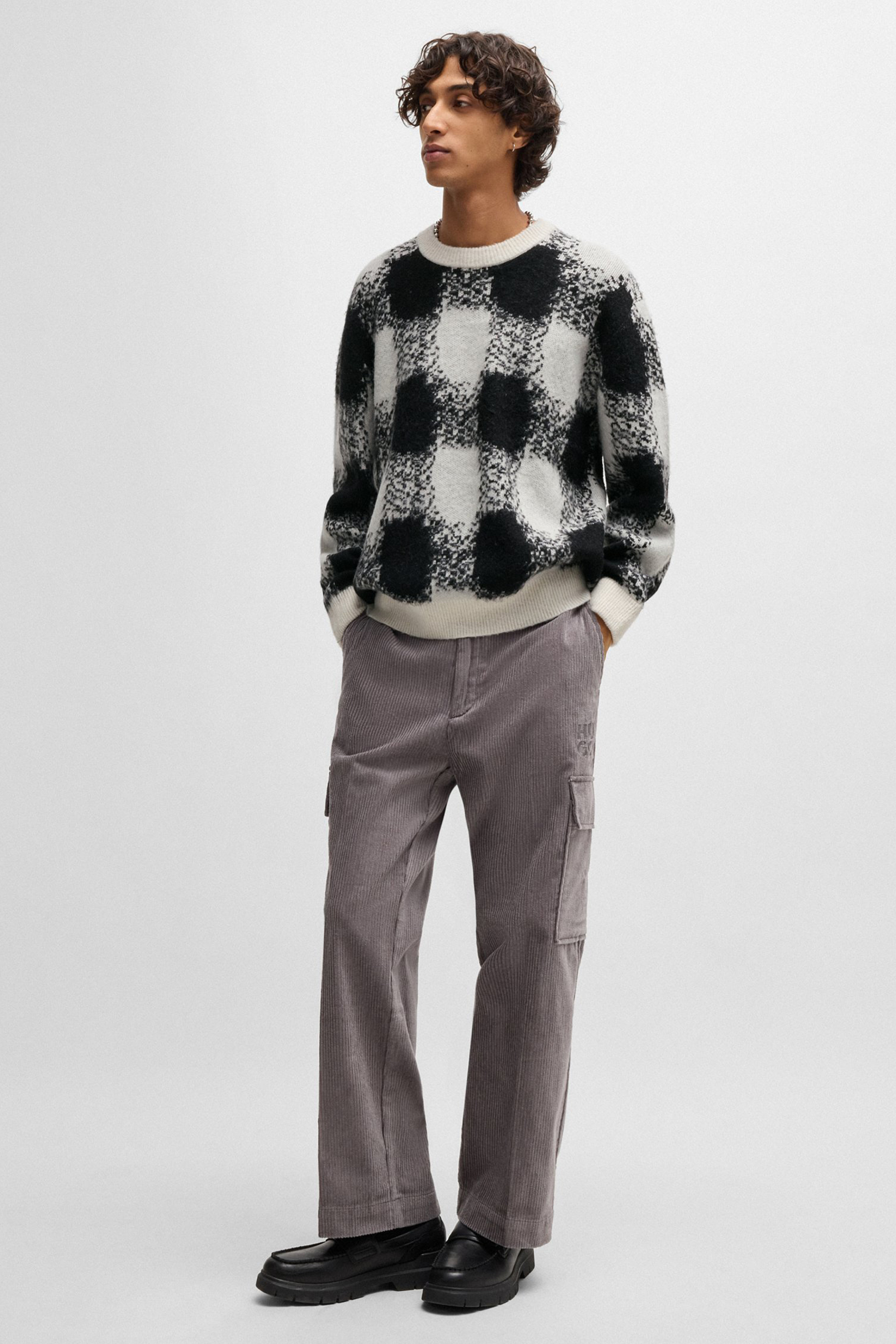 HUGO Oversized Checked Jacquard Knit Sweater Shequer HUGO Oversized Checked Jacquard Knit Sweater Shequer