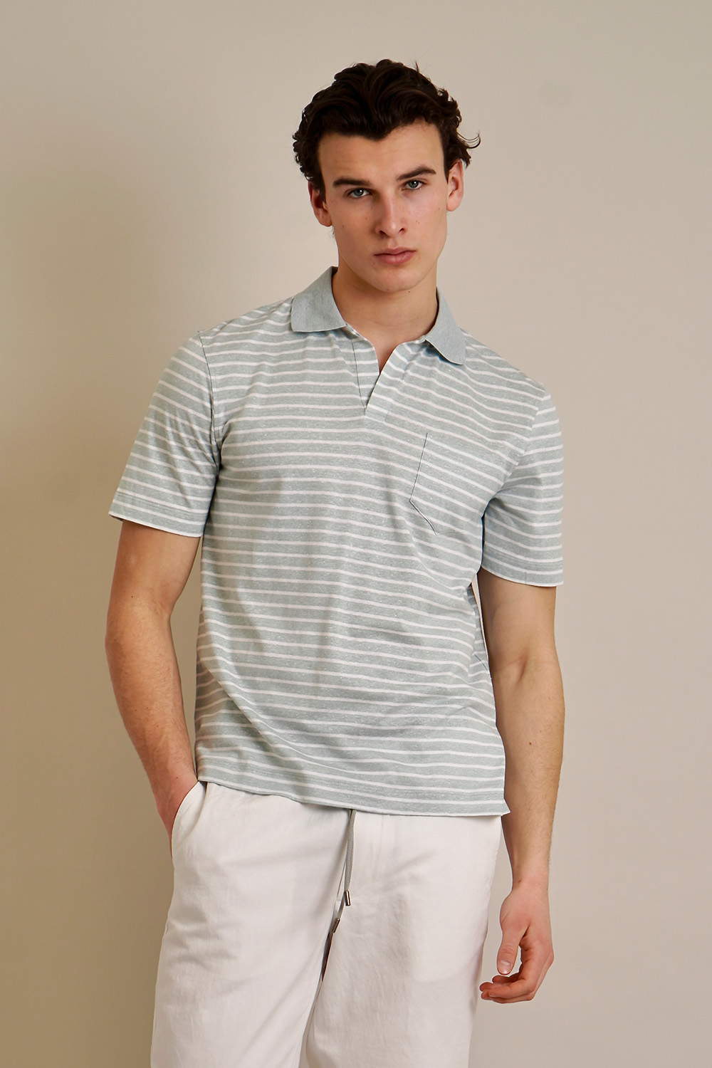 SEASE Regular Fit Striped Linen-Cotton Jersey Polo Shirt